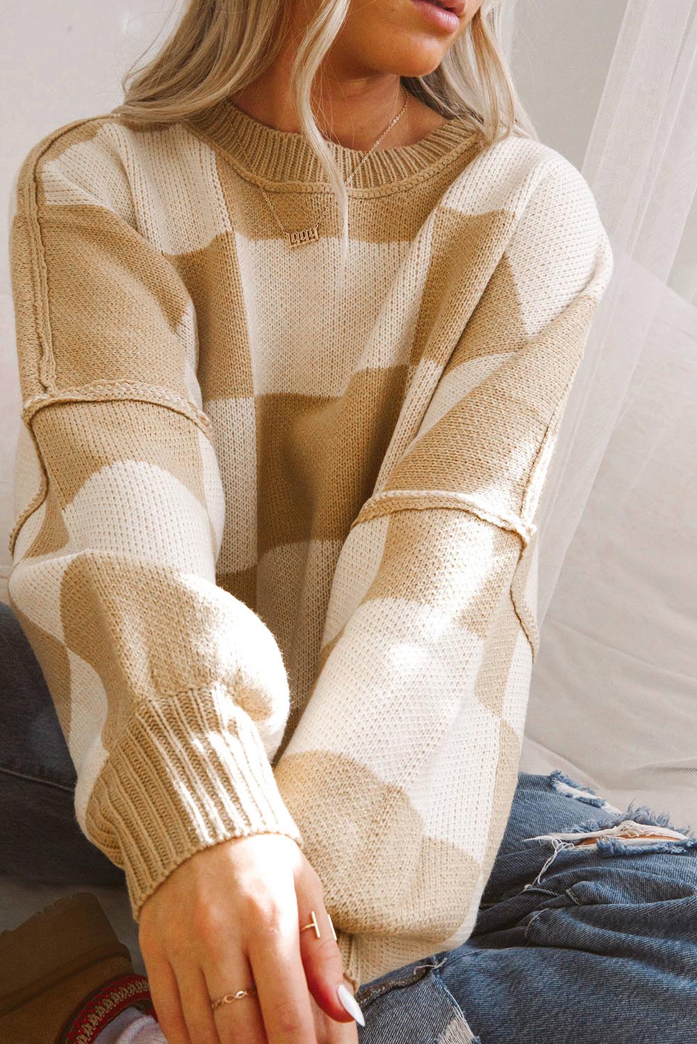 Rose Stripe Checkered Bishop Sleeve Sweater-Sweaters & Cardigans/Sweaters-[Adult]-[Female]-2022 Online Blue Zone Planet