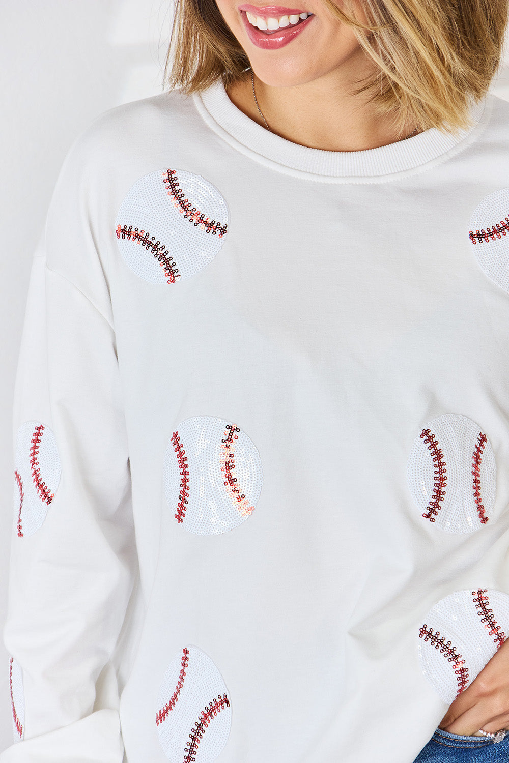 Sequin Baseball Round Neck Dropped Shoulder Sweatshirt-TOPS / DRESSES-[Adult]-[Female]-2022 Online Blue Zone Planet