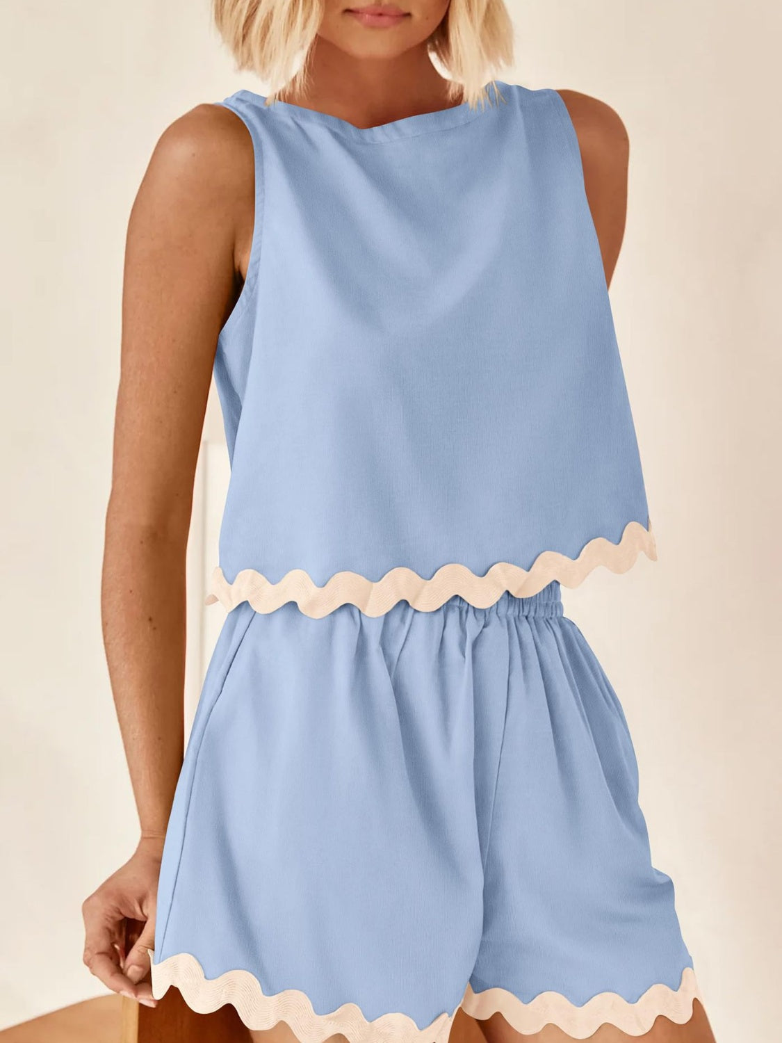 Contrast Trim Round Neck Top and Shorts Set-TOPS / DRESSES-[Adult]-[Female]-2022 Online Blue Zone Planet