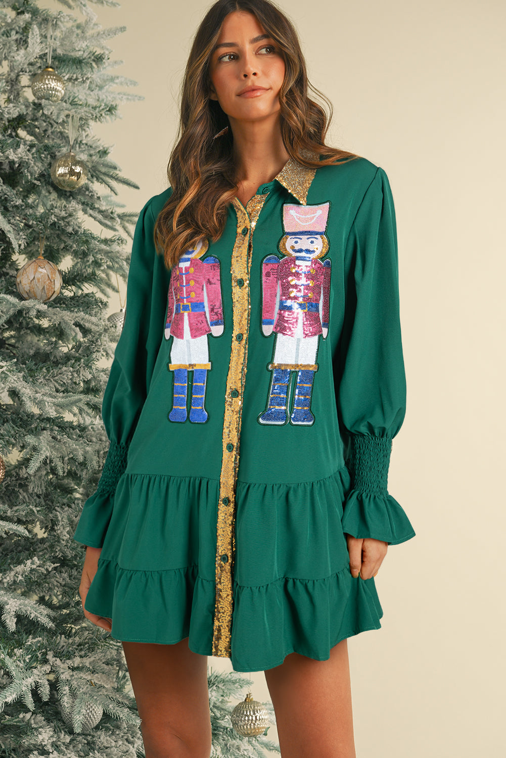 Evergreen Nutcracker Sequin Button-Down Short Dress-Short Dresses-[Adult]-[Female]-2022 Online Blue Zone Planet