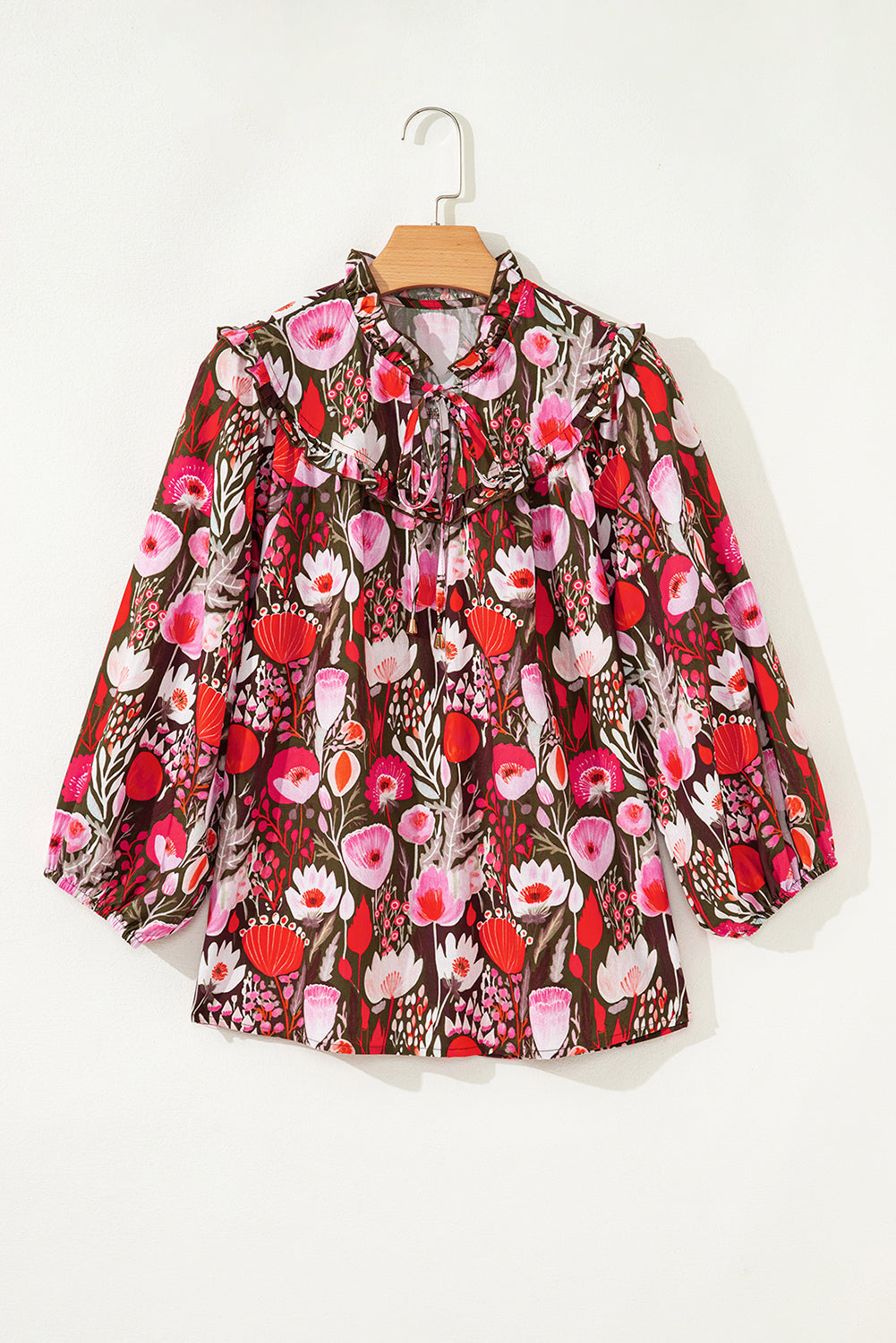 Red Floral Three Quarter Sleeve Lace-up Neck Blouse-Tops/Blouses & Shirts-[Adult]-[Female]-2022 Online Blue Zone Planet