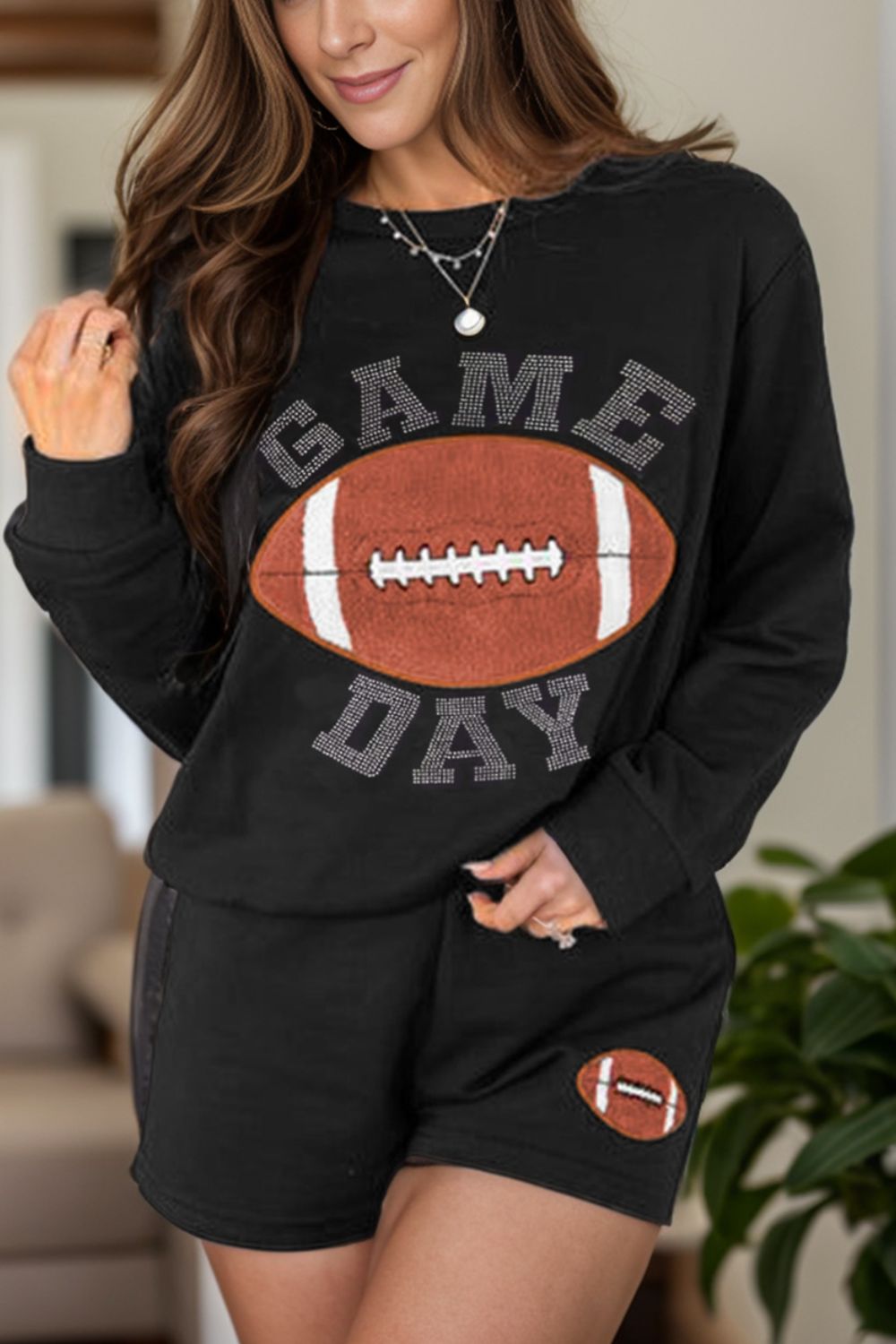 GAME DAY Football Round Neck Long Sleeve Top and Shorts Set-TOPS / DRESSES-[Adult]-[Female]-Black-S-2022 Online Blue Zone Planet