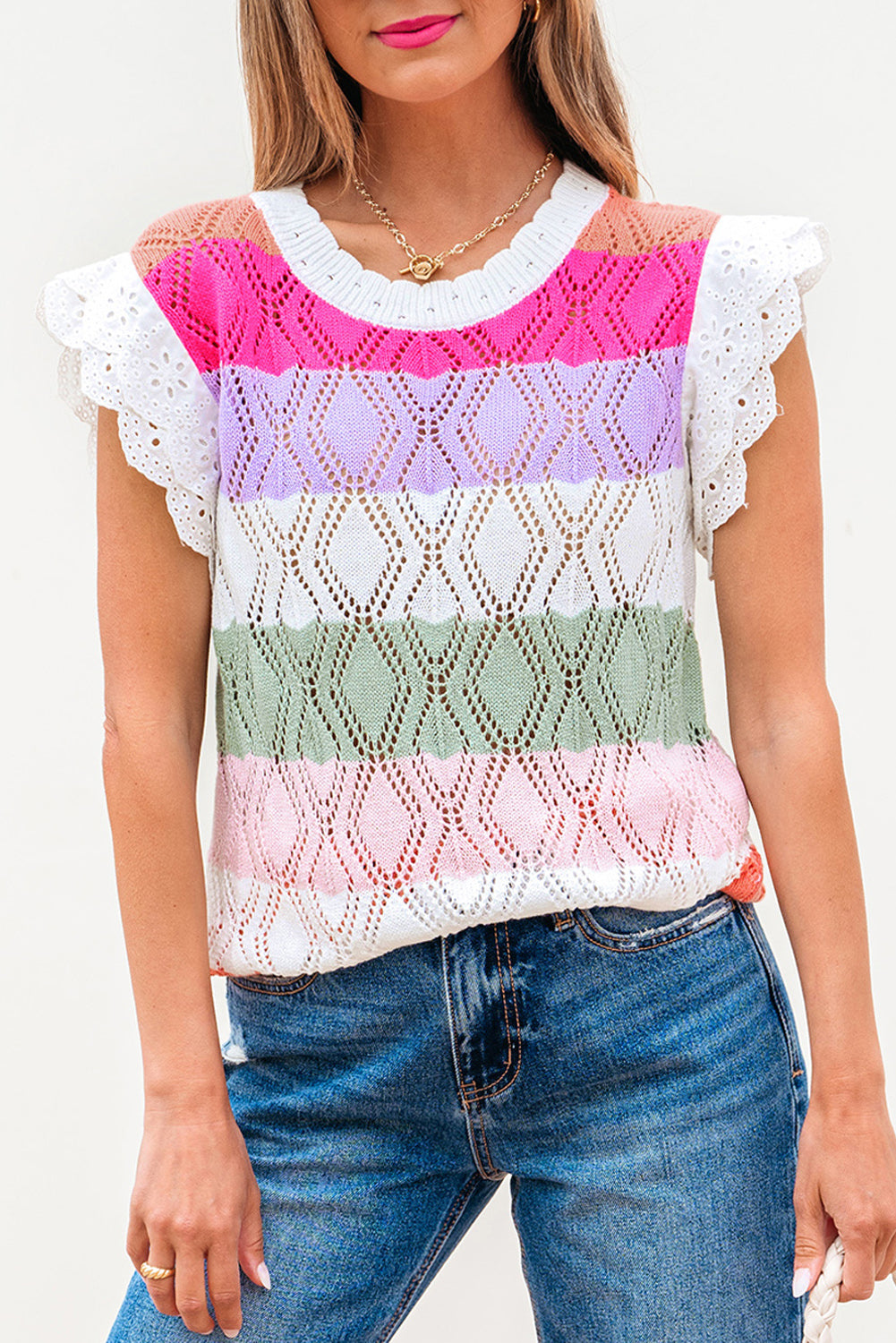 Rose Stripe Colorblock Hollowed Knit Scallop Edge Sweater Vest-Sweaters & Cardigans/Sweater Vests-[Adult]-[Female]-2022 Online Blue Zone Planet
