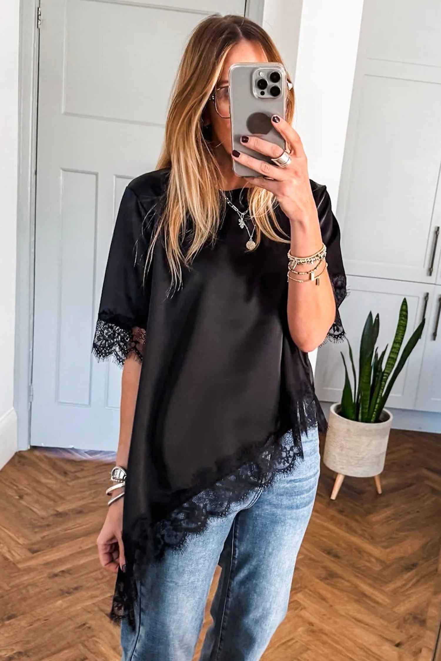 Black Asymmetric Lace Trim Short Sleeve Satin Top-Tops/Blouses & Shirts-[Adult]-[Female]-2022 Online Blue Zone Planet