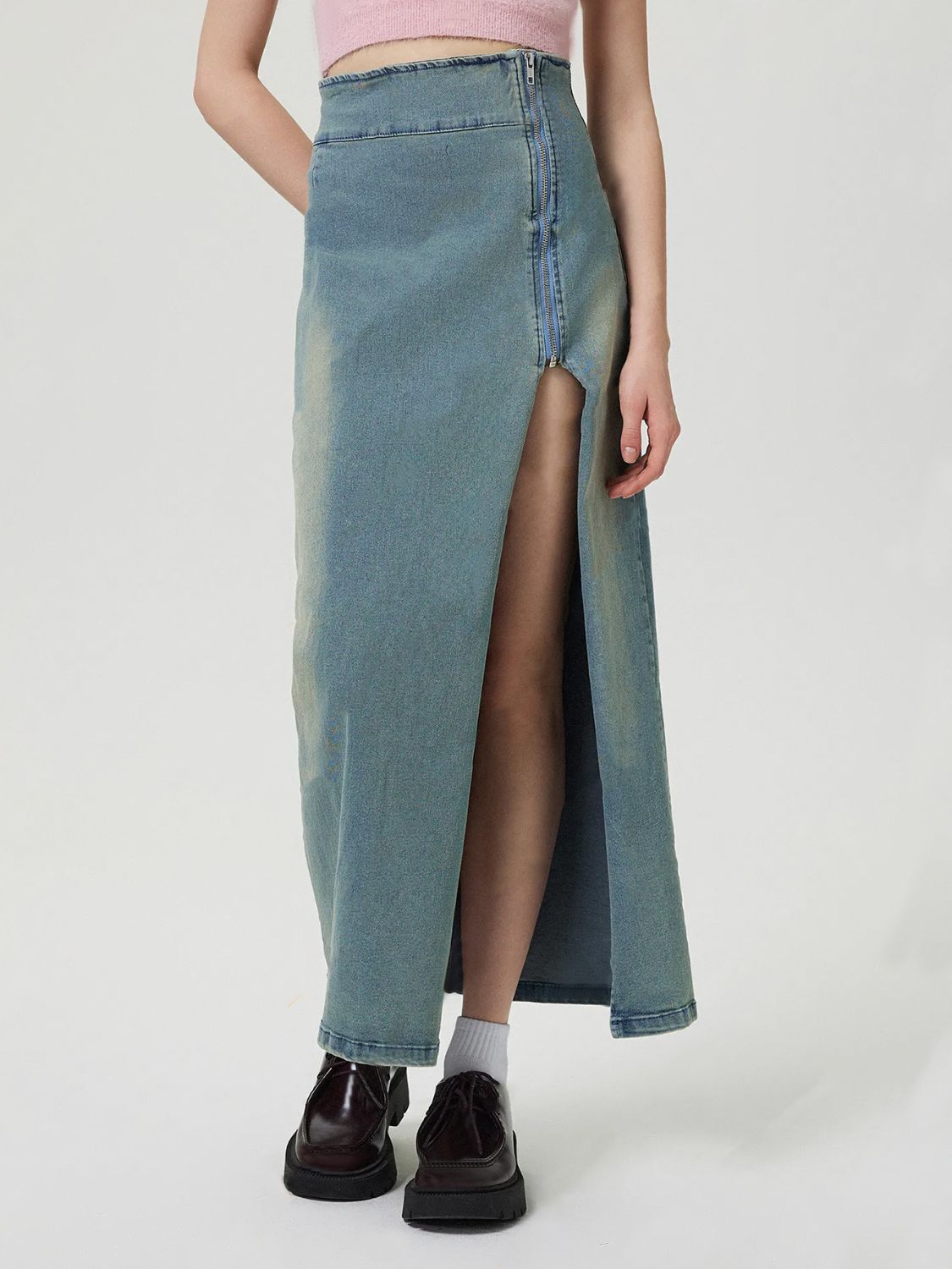 Slit Denim Skirt with Zip-BOTTOM SIZES SMALL MEDIUM LARGE-[Adult]-[Female]-2022 Online Blue Zone Planet