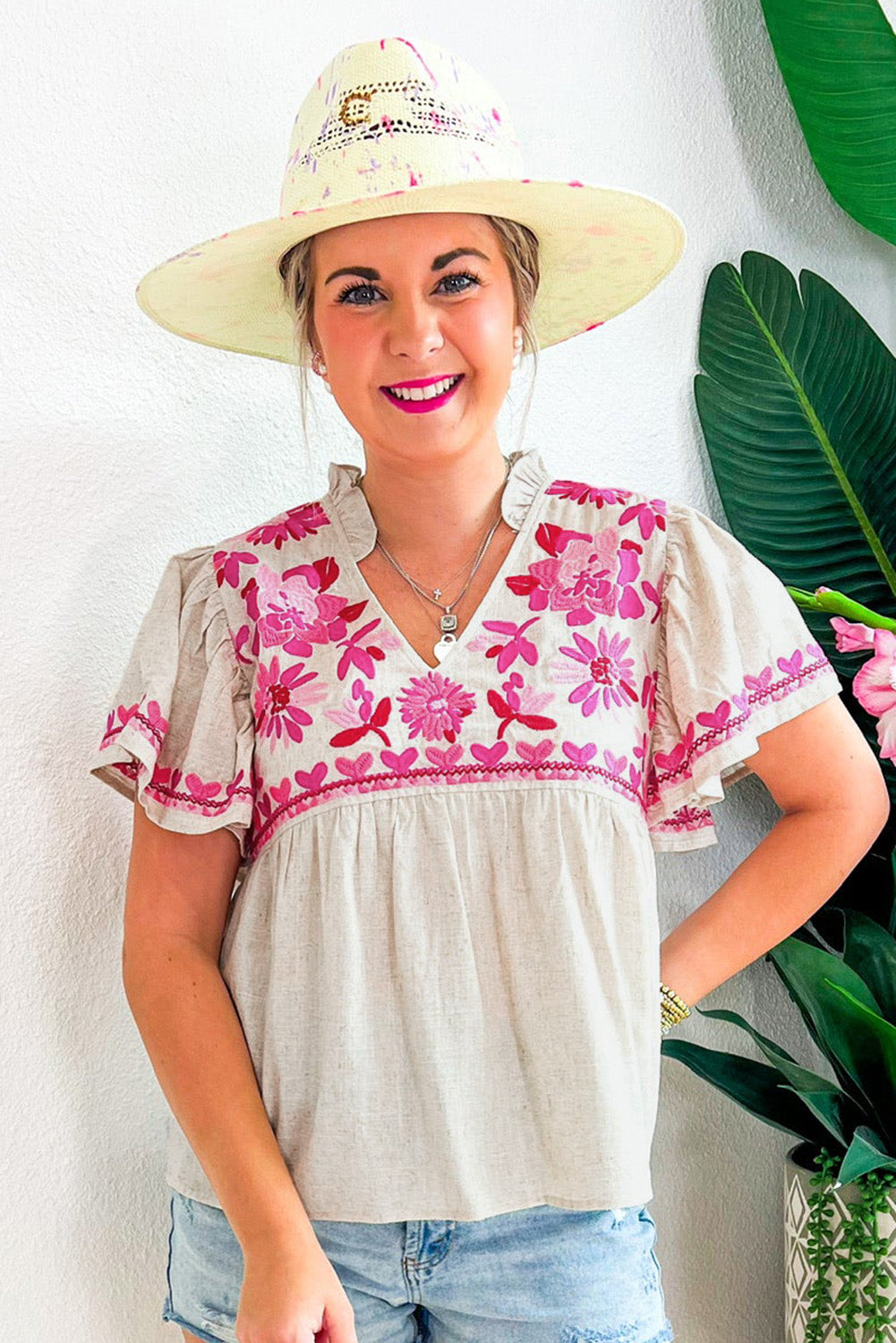Beige Floral Embroidered Short Sleeve Notched V Neck Blouse