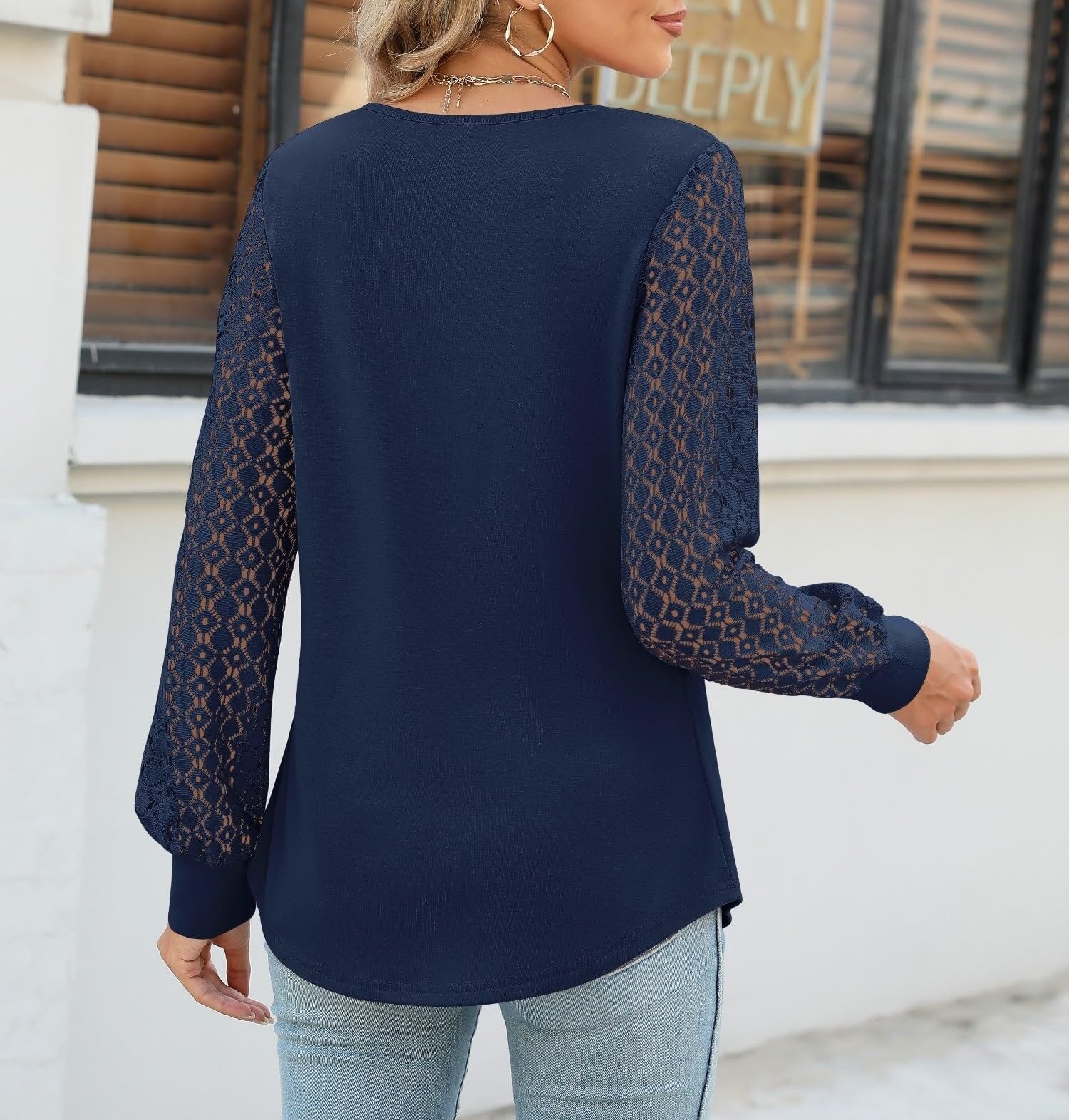 Cutout Round Neck Lace Long Sleeve Blouse-TOPS / DRESSES-[Adult]-[Female]-2022 Online Blue Zone Planet