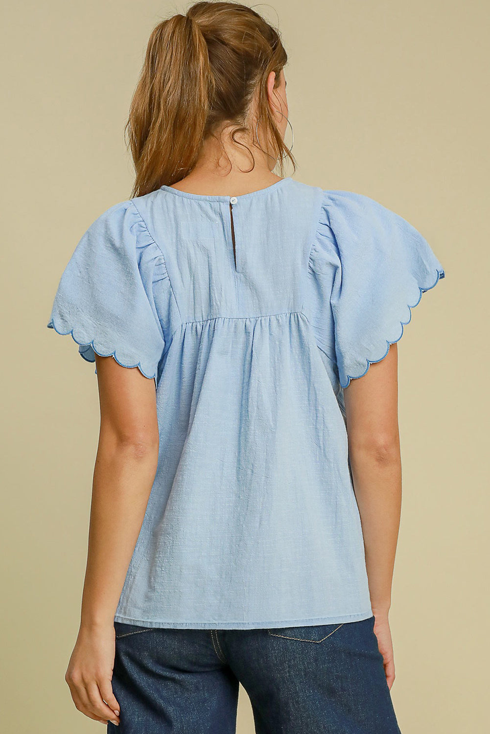 Beau Blue Solid Color Embroidered Scalloped Sleeves Crew Neck Blouse-Tops/Blouses & Shirts-[Adult]-[Female]-2022 Online Blue Zone Planet