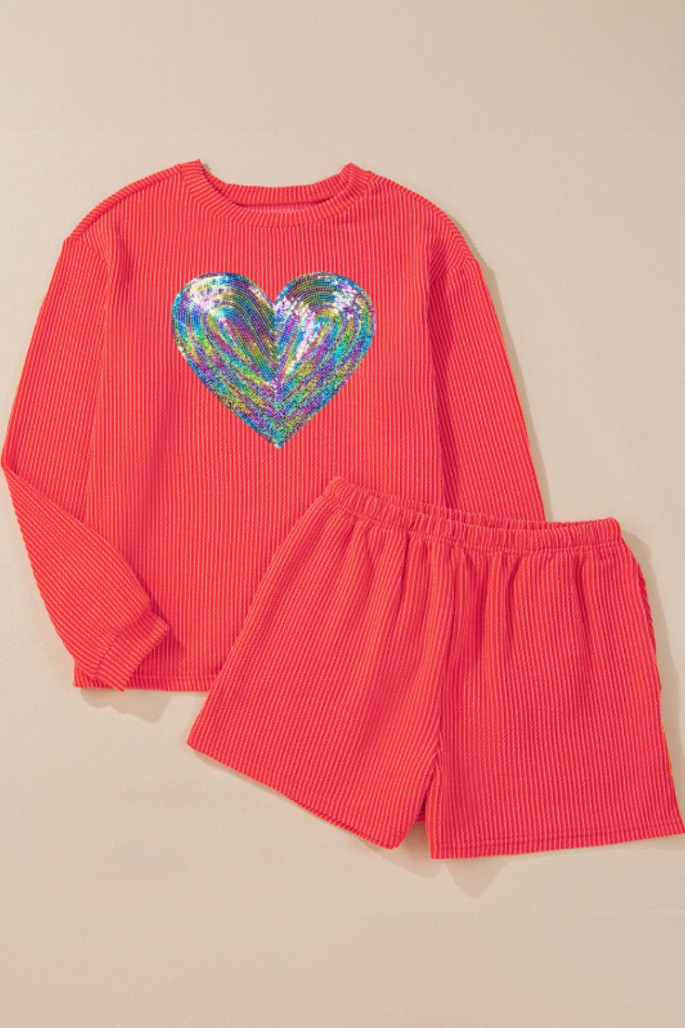 Sequin Heart Round Neck Long Sleeve Top and Shorts Set-[Adult]-[Female]-2022 Online Blue Zone Planet