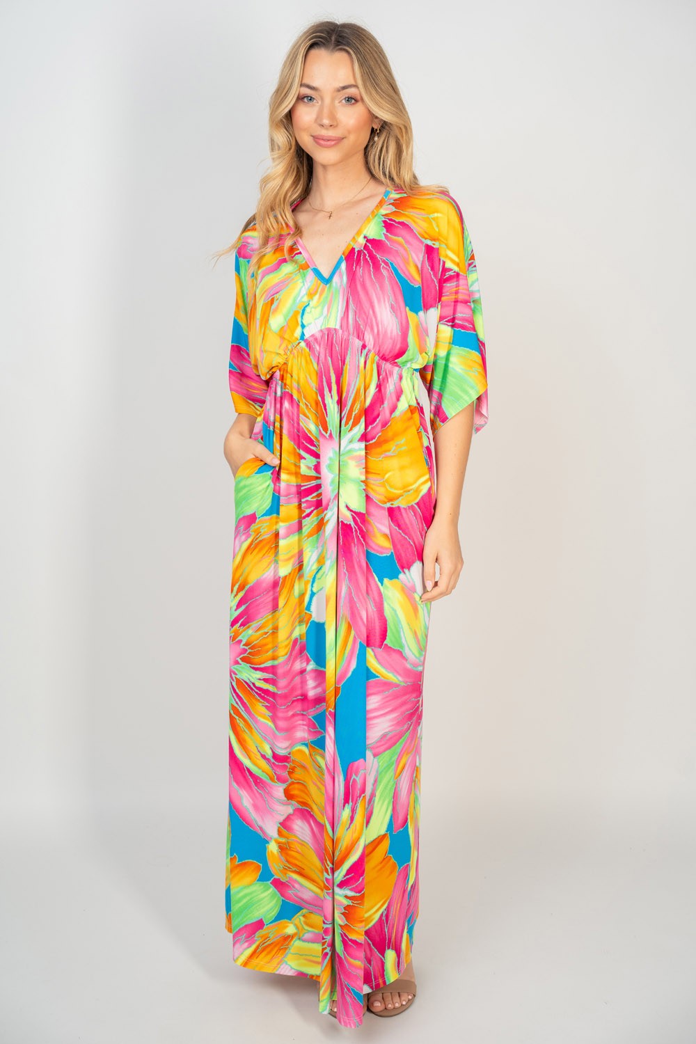 White Birch Printed V-Neck Maxi Dress with Pockets-[Adult]-[Female]-2022 Online Blue Zone Planet