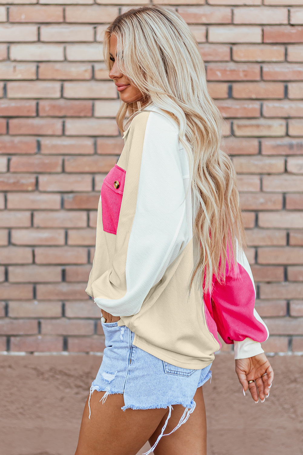 Pink Colorblock Ribbed Collared Oversized Sweatshirt-Tops/Sweatshirts & Hoodies-[Adult]-[Female]-2022 Online Blue Zone Planet