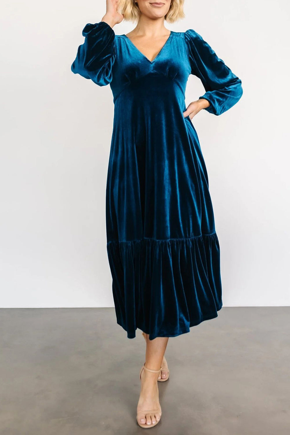 V-Neck Long Sleeve Midi Velvet Dress-TOPS / DRESSES-[Adult]-[Female]-2022 Online Blue Zone Planet