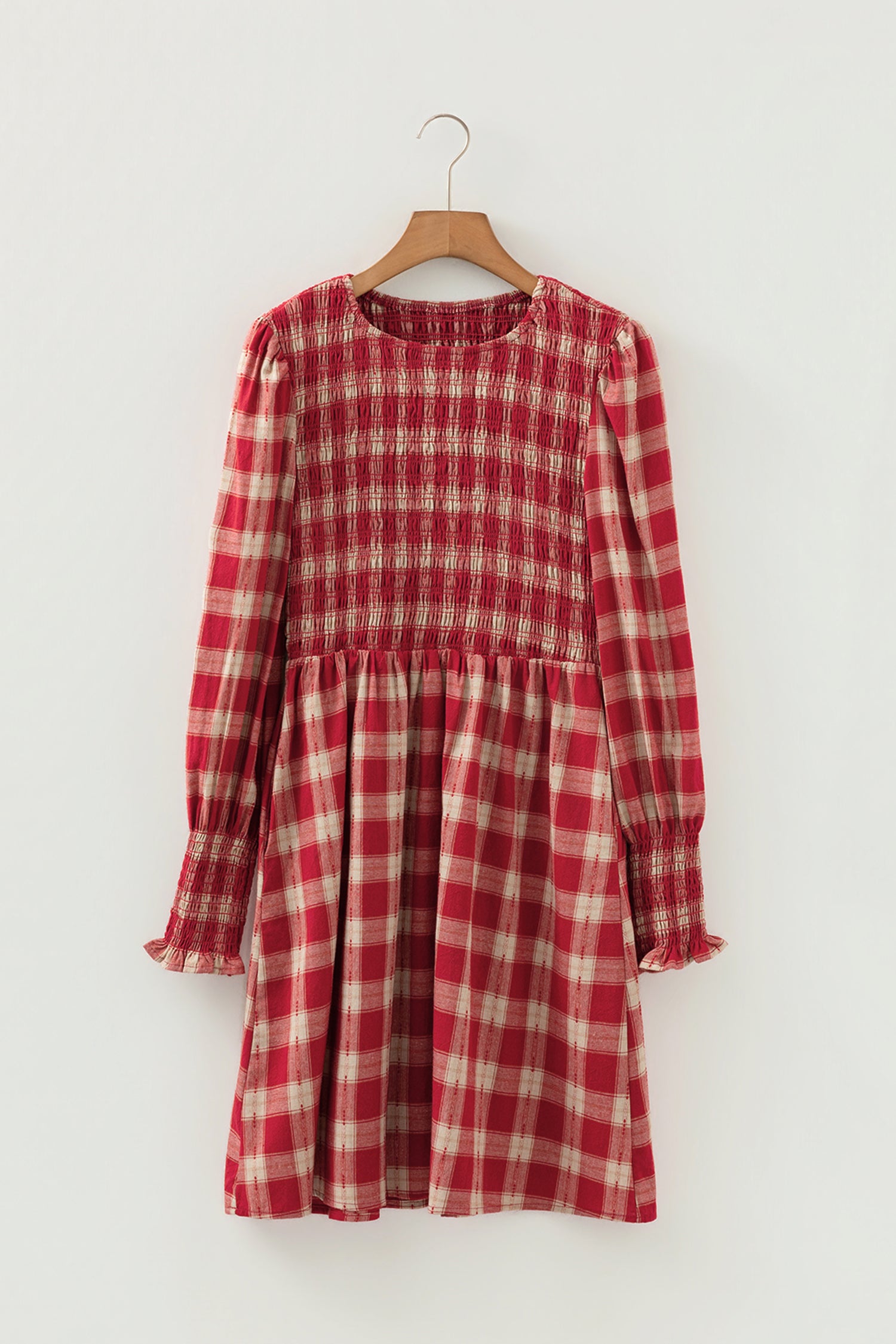 Red Plaid Print Smocked Puff Sleeve Mini Dress-TOPS / DRESSES-[Adult]-[Female]-2022 Online Blue Zone Planet