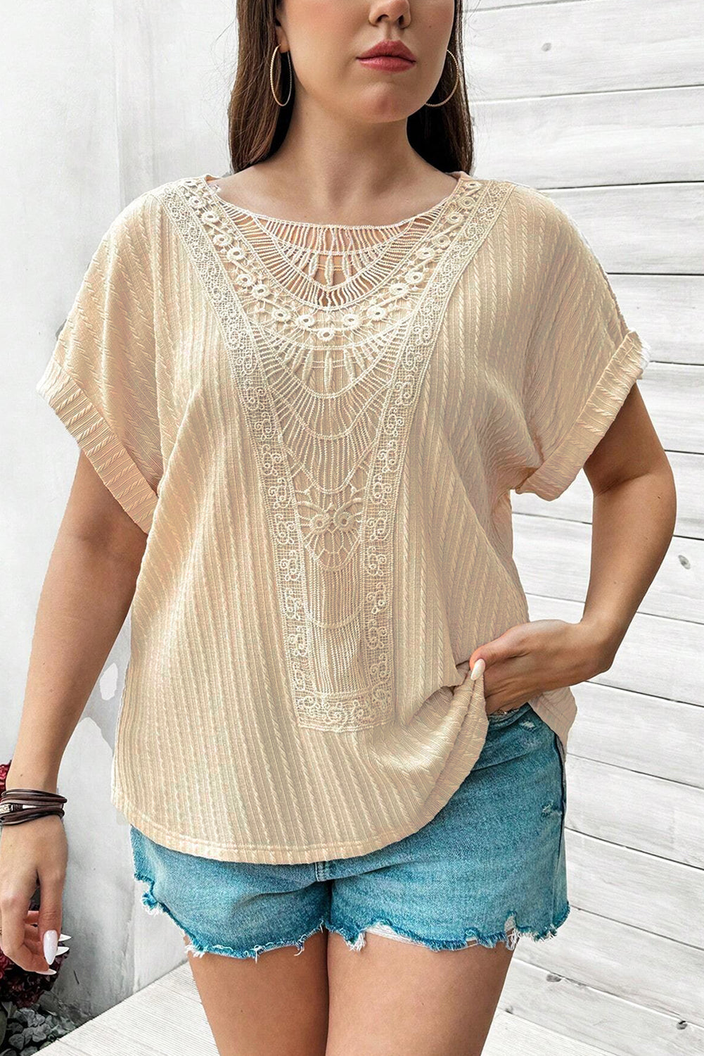 Beige Lace Crochet Patched Cable Textured Cuffed Short Sleeve Plus Size Top-Plus Size Tops-[Adult]-[Female]-2022 Online Blue Zone Planet