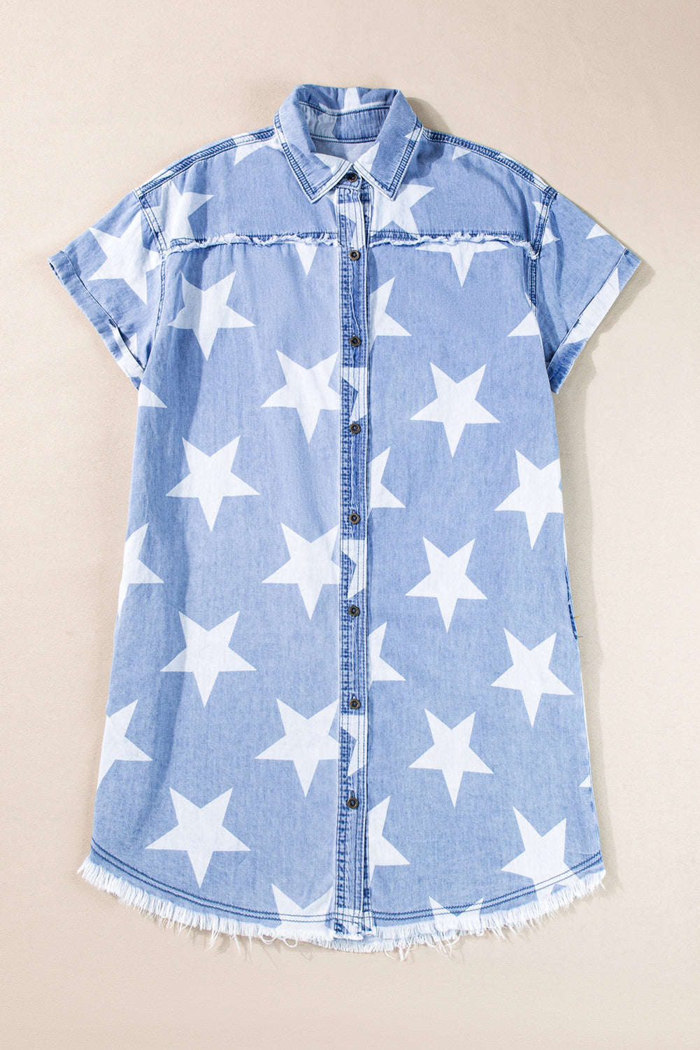 Blue Zone Planet | Sky Blue Stars Frayed Hem Collared Short Sleeve Denim Dress-TOPS / DRESSES-[Adult]-[Female]-2022 Online Blue Zone Planet