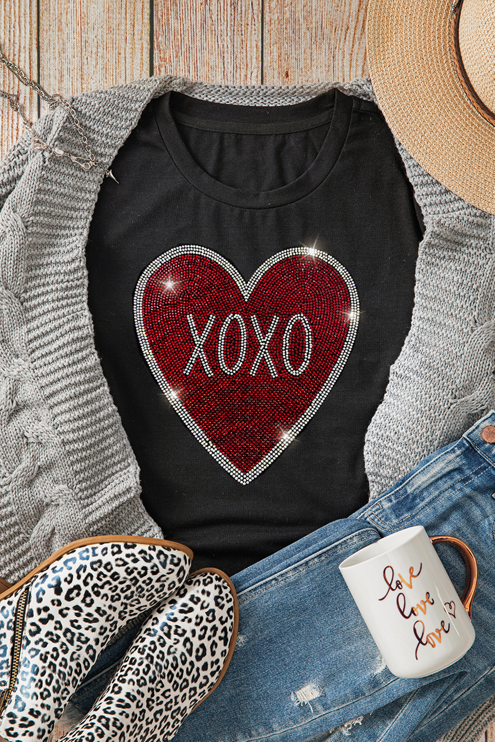 Black Rhinestone XOXO Heart Graphic Crewneck Tee-Graphic Tees-[Adult]-[Female]-2022 Online Blue Zone Planet