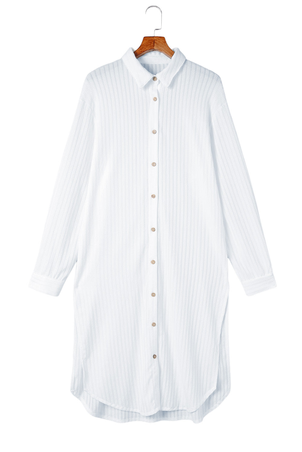 White Striped Crinkle Button Front Cover Up Shirt Dress-Swimwear/Beach Cover-ups-[Adult]-[Female]-2022 Online Blue Zone Planet