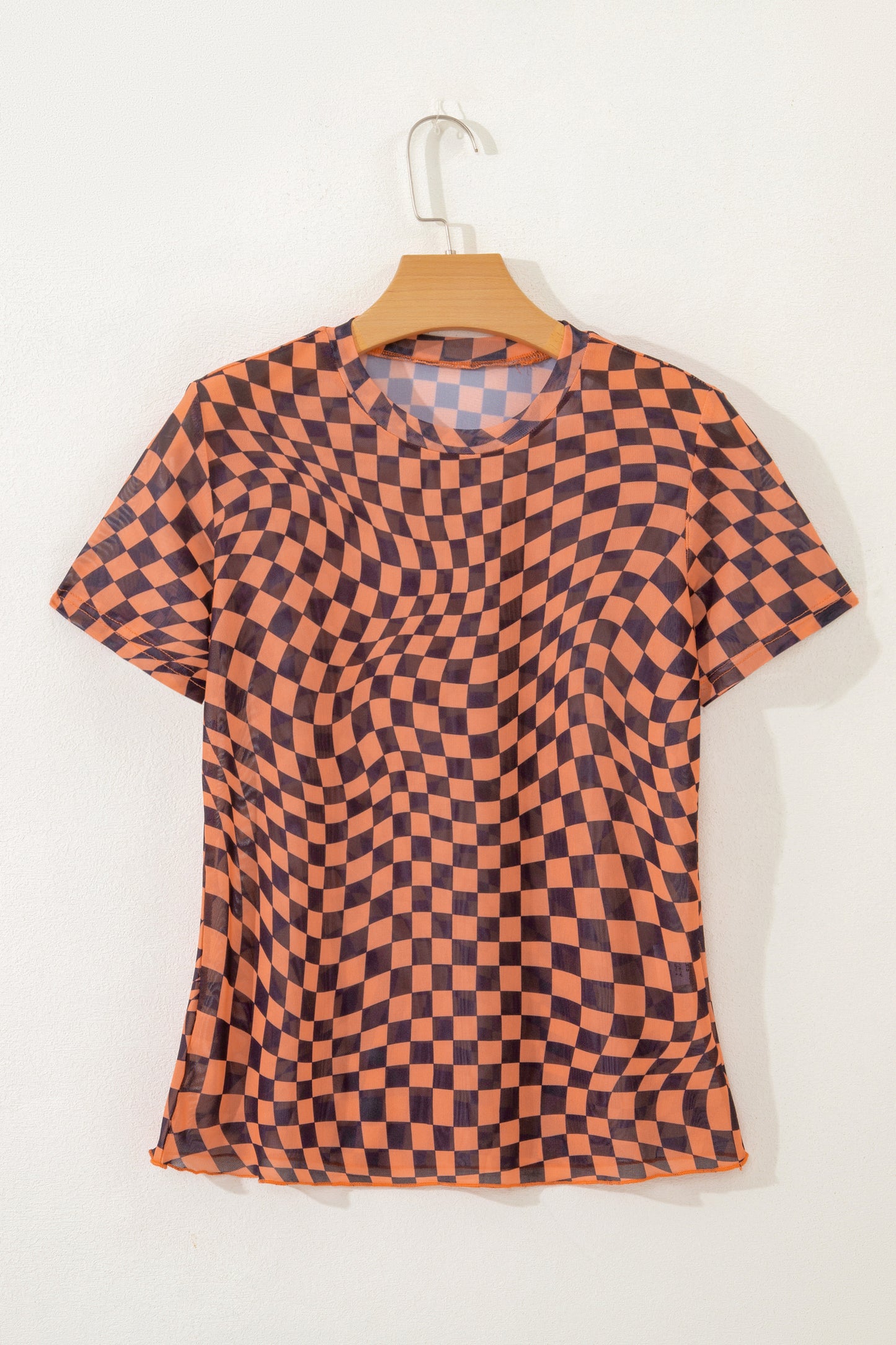Orange Checkered Print Crew Neck Mesh T Shirt-Tops/Tops & Tees-[Adult]-[Female]-2022 Online Blue Zone Planet