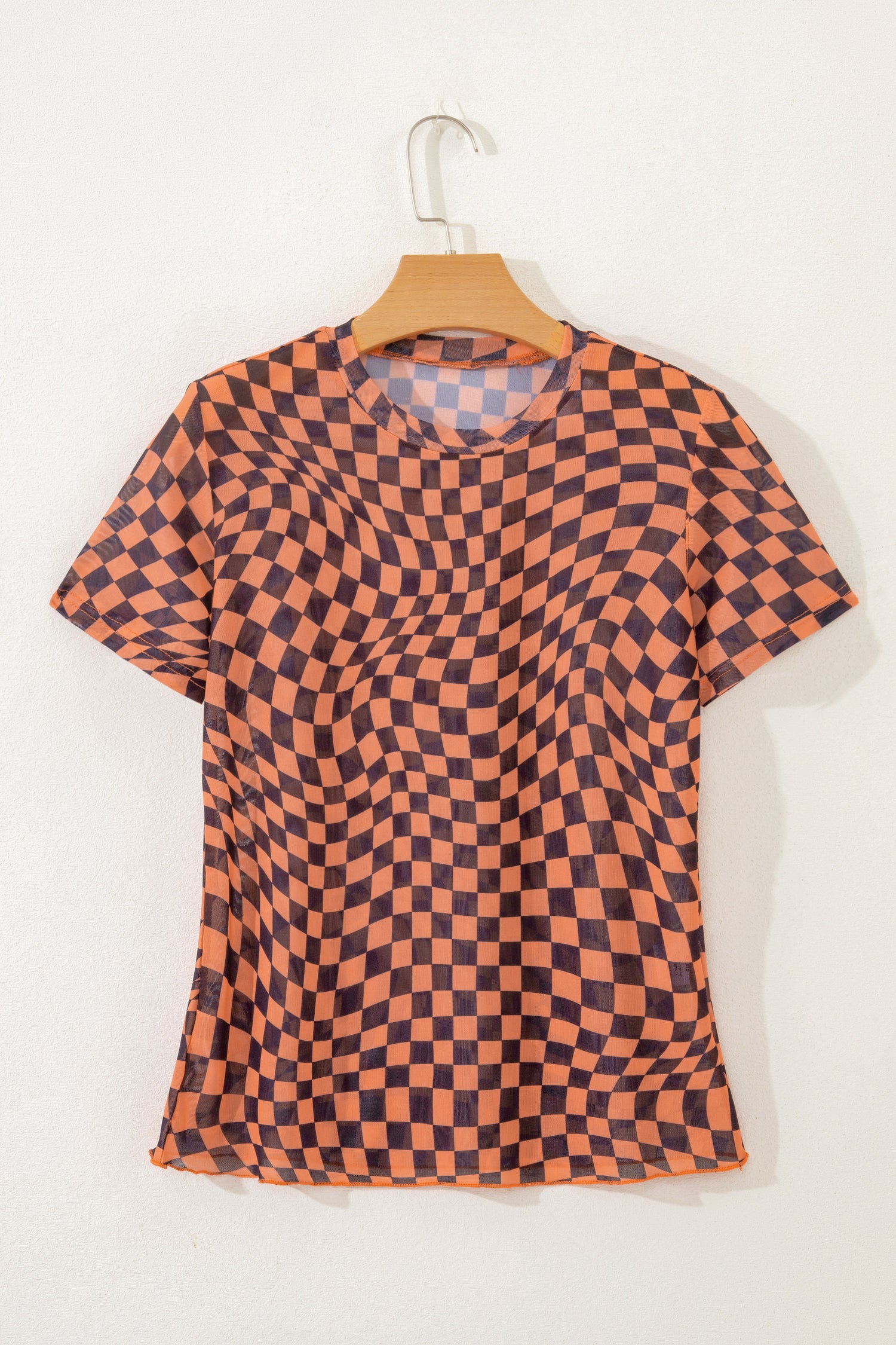 Orange Checkered Print Crew Neck Mesh T Shirt-Tops/Tops & Tees-[Adult]-[Female]-2022 Online Blue Zone Planet