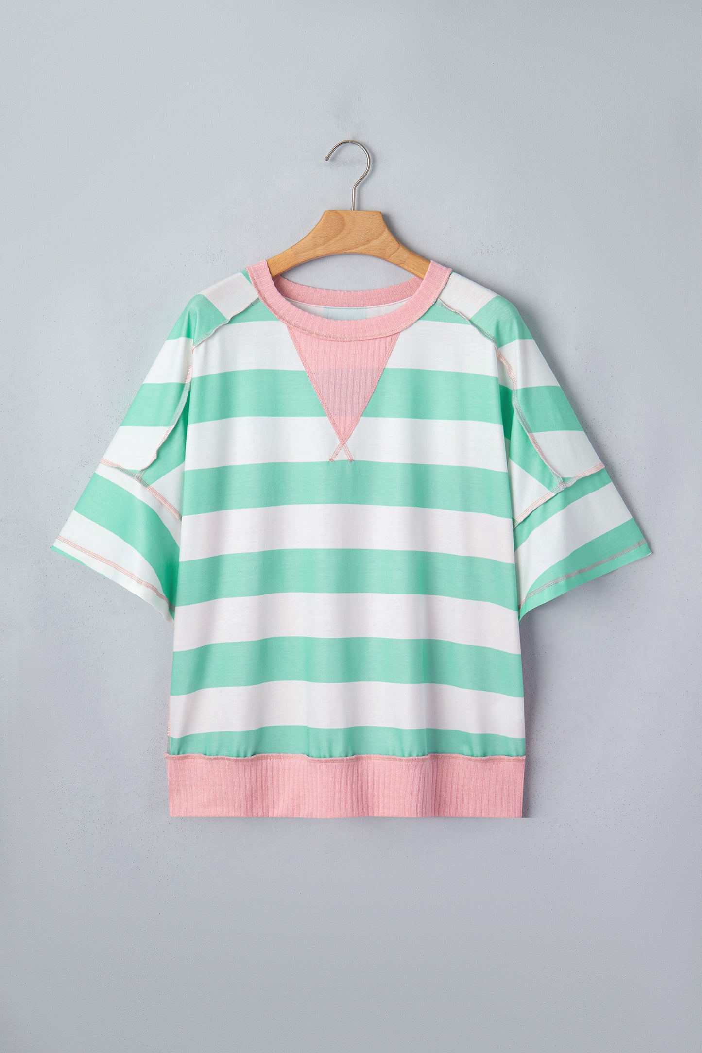 Pink Stripe Exposed Seam Ribbed Patchwork Oversized Tee-Tops/Tops & Tees-[Adult]-[Female]-2022 Online Blue Zone Planet
