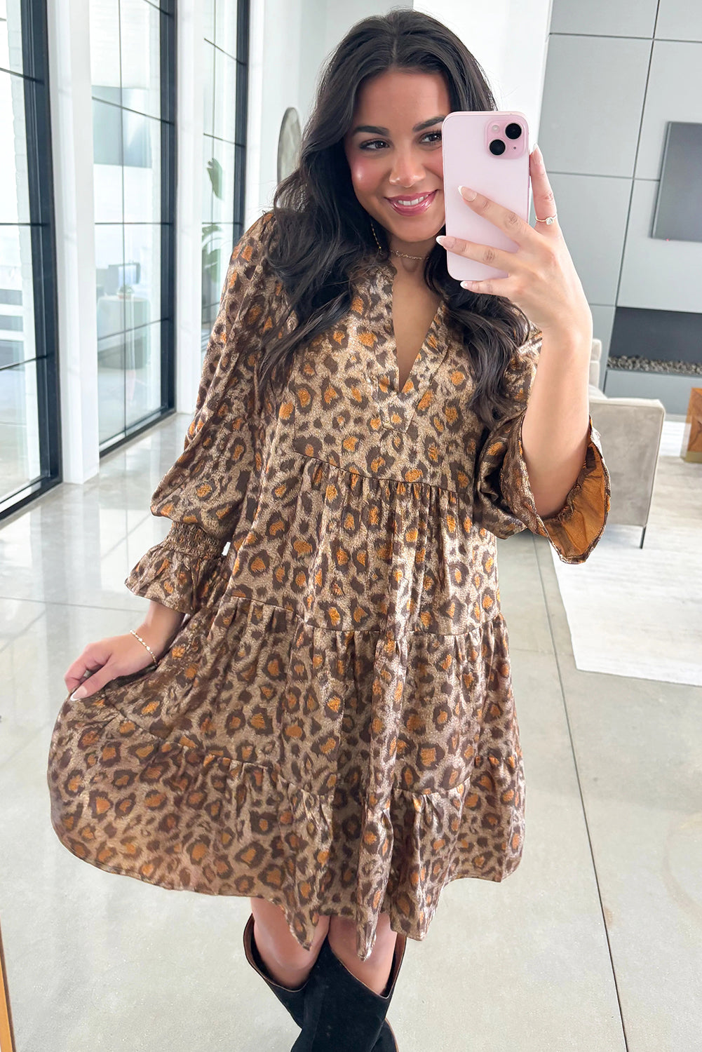 Khaki Leopard Print V Neck Ruffled Sleeve Tiered Loose Mini Dress-TOPS / DRESSES-[Adult]-[Female]-2022 Online Blue Zone Planet