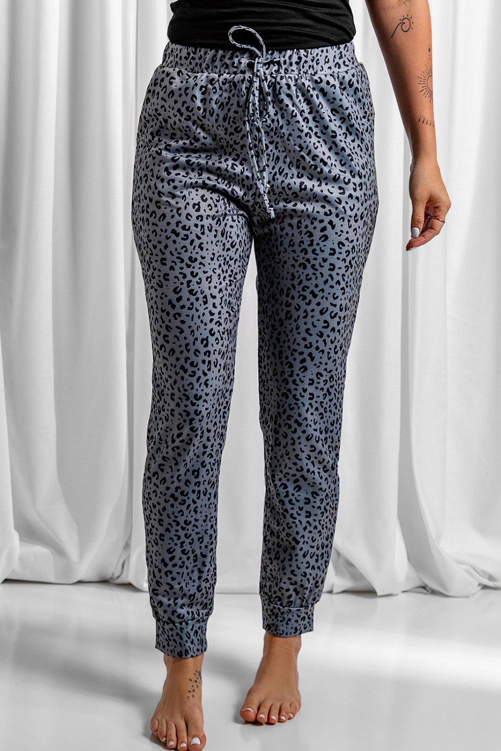 Gray Leopard Elastic Waist Casual Joggers-Bottoms/Pants & Culotte-[Adult]-[Female]-2022 Online Blue Zone Planet