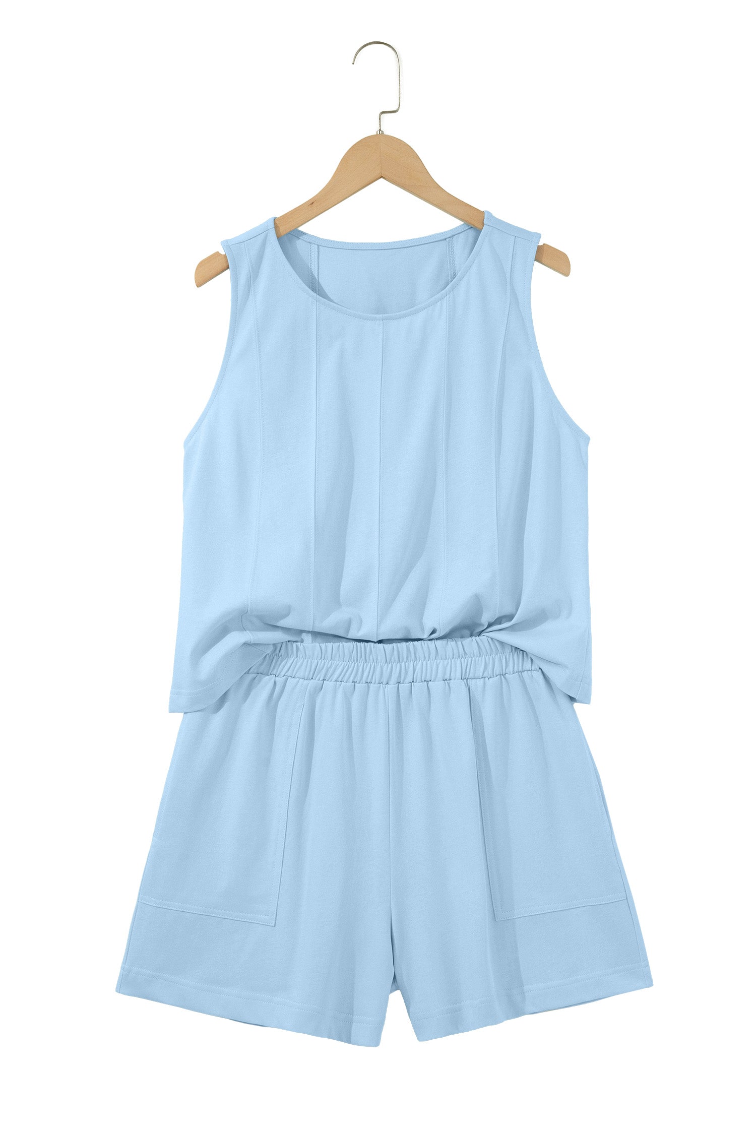 Mist Blue Stitched Detail Loose Tank Top 2pcs Short Set-Two Piece Sets/Short Sets-[Adult]-[Female]-2022 Online Blue Zone Planet