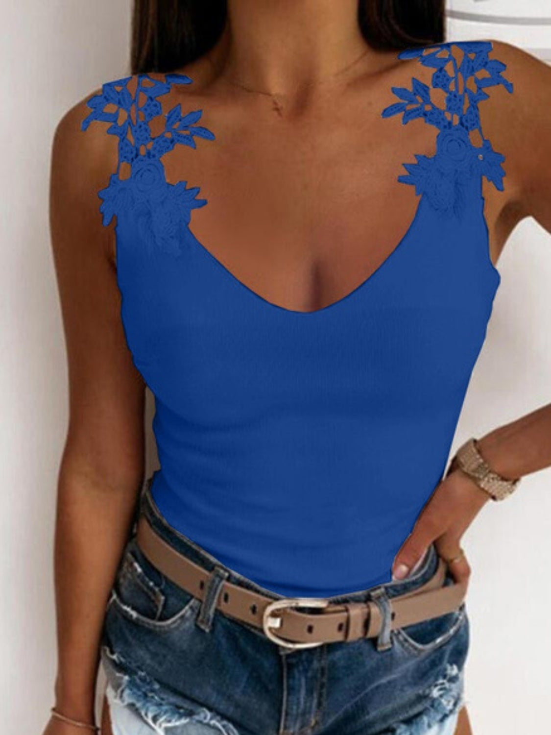 Full Size Lace Detail Scoop Neck Tank-TOPS / DRESSES-[Adult]-[Female]-Royal Blue-S-2022 Online Blue Zone Planet