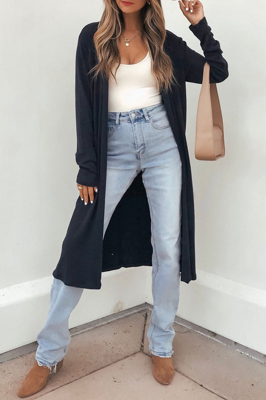 Dirty blue Solid Color Long Sleeve Casual Tunic Shift Cardigan-Sweaters & Cardigans/Cardigans-[Adult]-[Female]-Dirty blue-S-2022 Online Blue Zone Planet