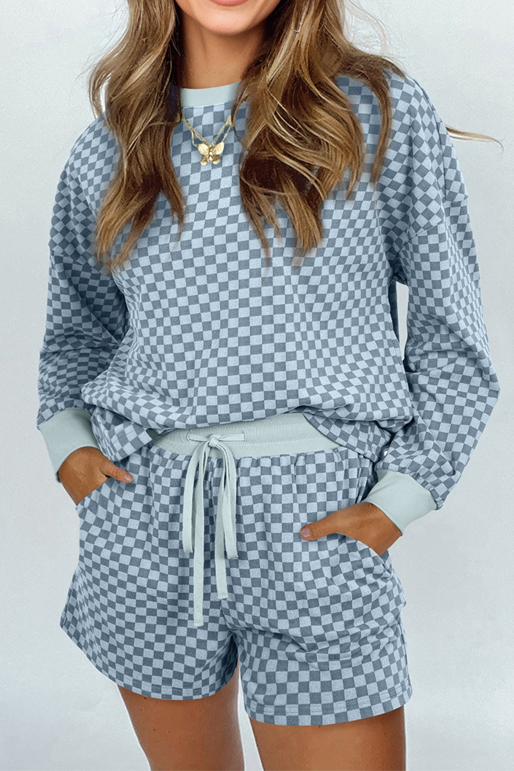 Sky Blue Checkerboard Long Sleeve Pullover and Shorts Set-Two Piece Sets/Short Sets-[Adult]-[Female]-2022 Online Blue Zone Planet