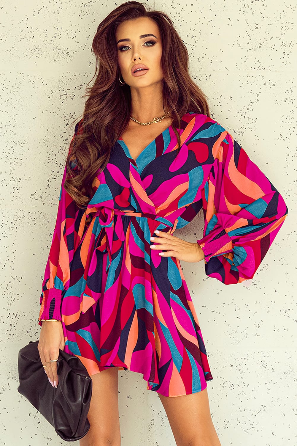 Blue Zone Planet | Fiery Red Abstract Printed Belted Puff Sleeve Mini Dress-TOPS / DRESSES-[Adult]-[Female]-Red-S-2022 Online Blue Zone Planet