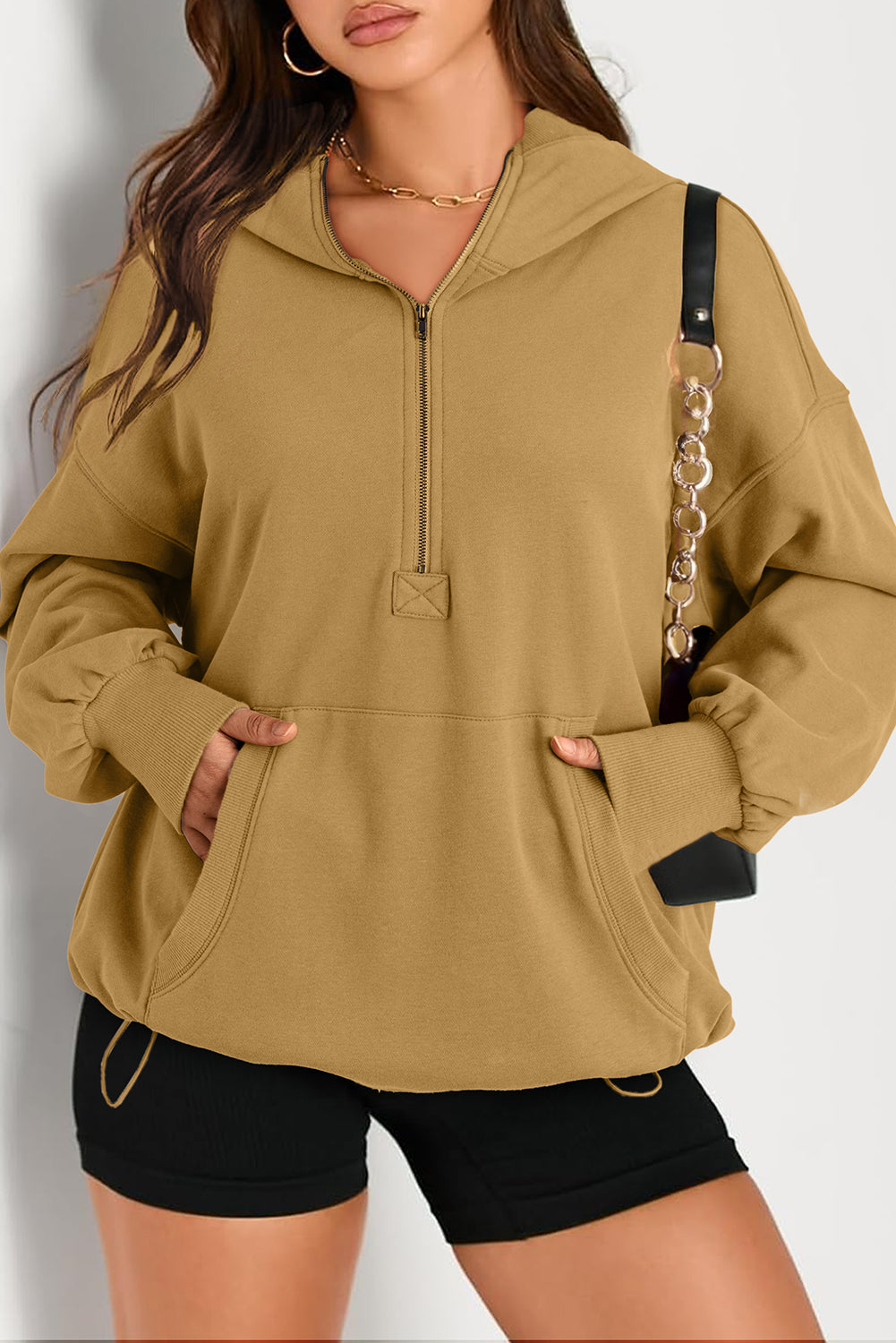 Brown Solid Kangaroo Pocket Half Zipper Oversized Hoodie-Tops/Sweatshirts & Hoodies-[Adult]-[Female]-2022 Online Blue Zone Planet