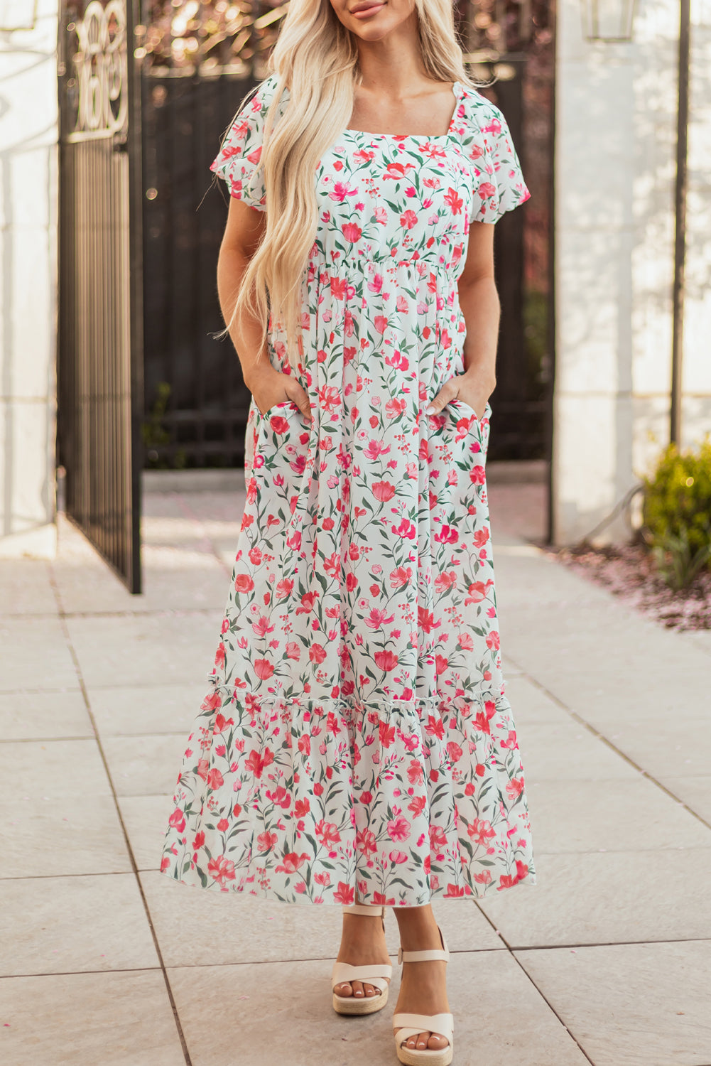 Pink Floral Puff Sleeve Square Neck Empire Waist Tiered Maxi Dress-Dresses/Floral Dresses-[Adult]-[Female]-2022 Online Blue Zone Planet