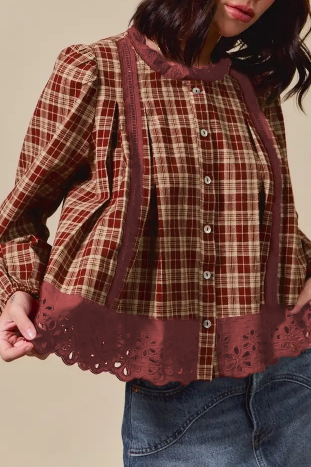 Red Dahlia Plaid Eyelet Lace Trim Button Down Loose Long Sleeve Shirt-Tops/Blouses & Shirts-[Adult]-[Female]-Red Dahlia-S-2022 Online Blue Zone Planet