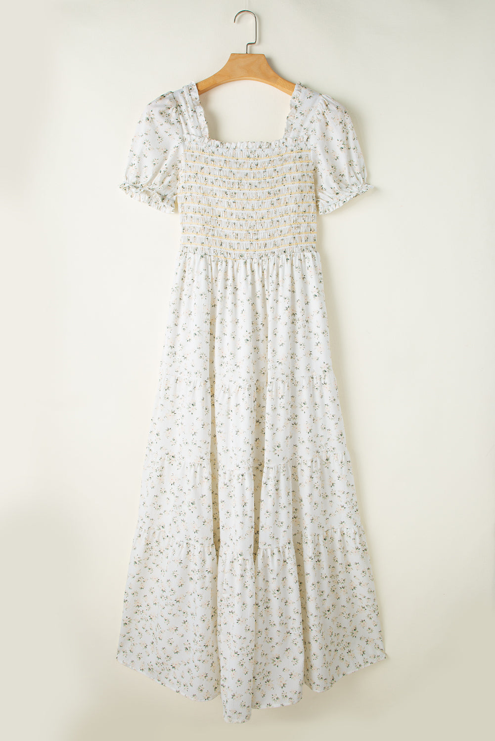 White Frilly Shirred Bodice Tiered Floral Maxi Dress Blue Zone Planet