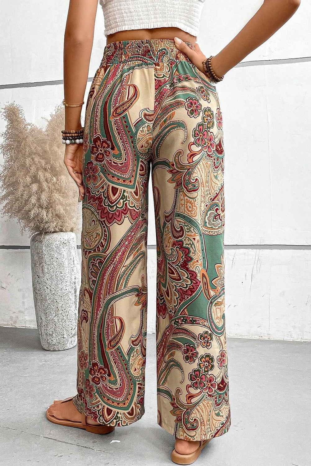 Khaki Paisley Print Boho Elastic Waist Wide Leg Pants-Bottoms/Pants & Culotte-[Adult]-[Female]-2022 Online Blue Zone Planet