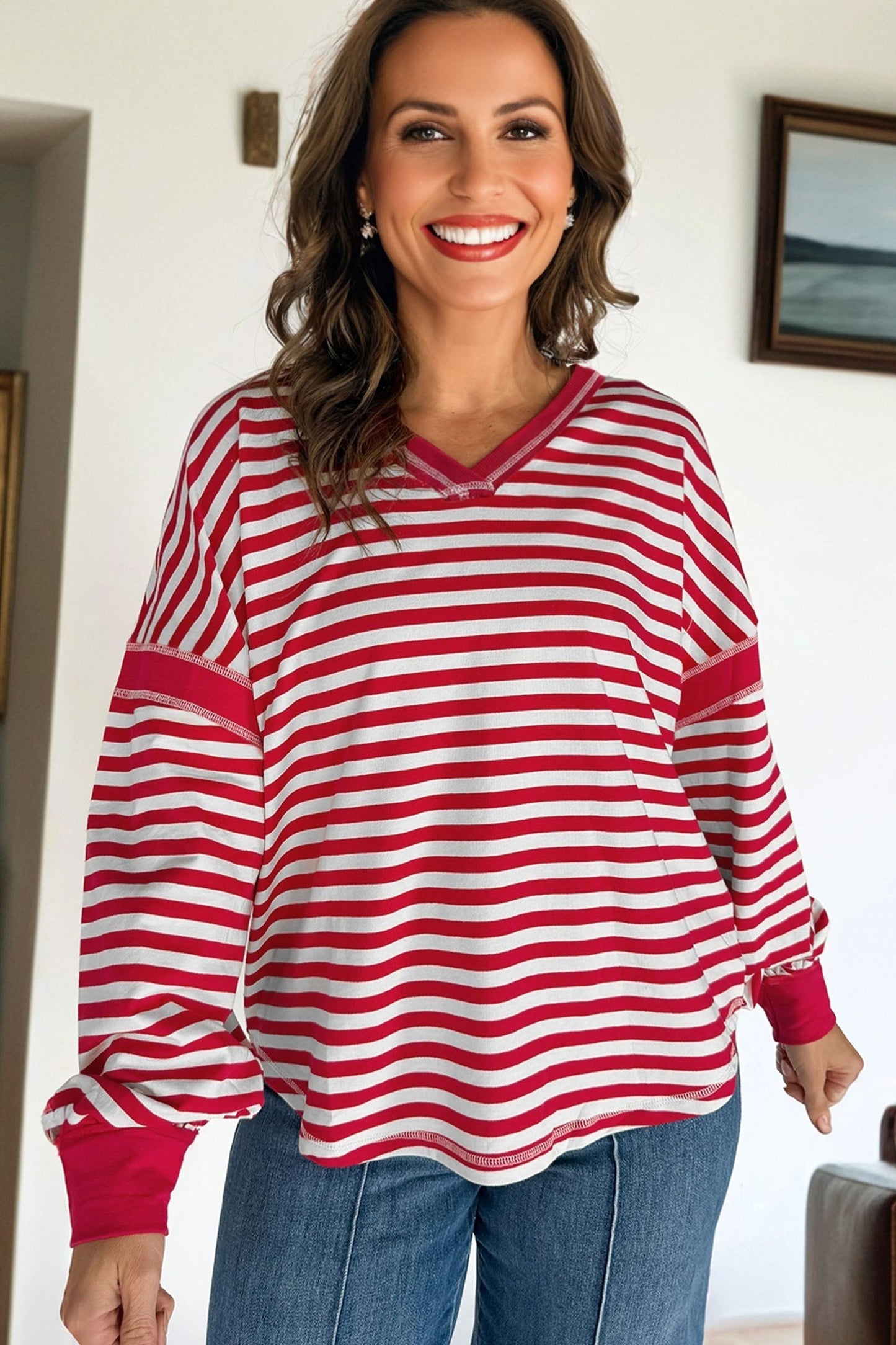 Red Stripe Exposed Seam V Neck Balloon Sleeve Pullover-Tops/Long Sleeve Tops-[Adult]-[Female]-2022 Online Blue Zone Planet