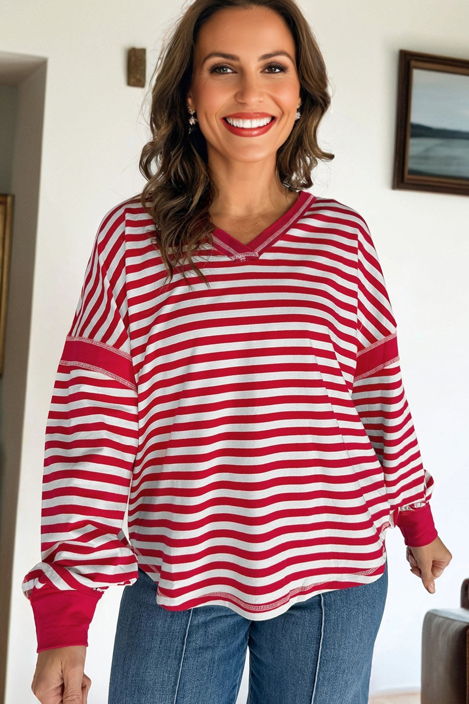 Red Stripe Exposed Seam V Neck Balloon Sleeve Pullover-Tops/Long Sleeve Tops-[Adult]-[Female]-2022 Online Blue Zone Planet