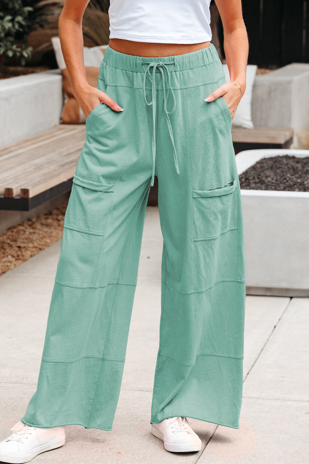 Mint Green Mineral Wash Exposed Seam Drawstring High Waist Wide Leg Cargo Pants-Bottoms/Pants & Culotte-[Adult]-[Female]-2022 Online Blue Zone Planet
