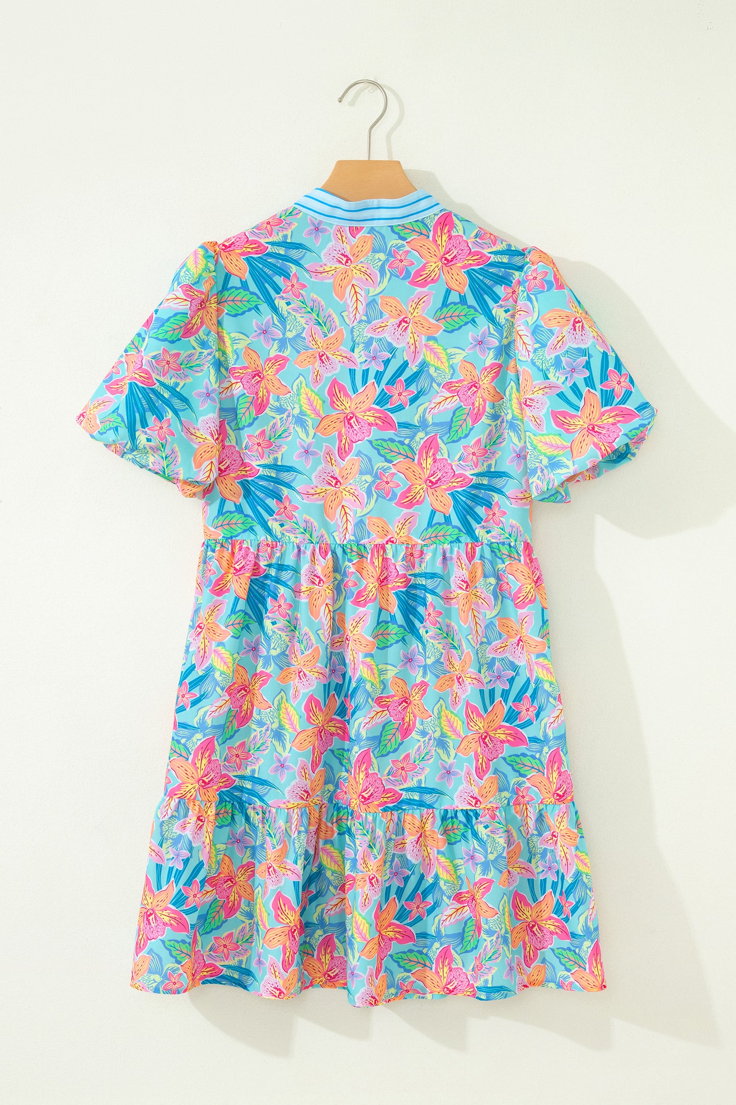 Multicolour Floral Print Contrast Scallop Striped Trim V Neck Dress-TOPS / DRESSES-[Adult]-[Female]-2022 Online Blue Zone Planet
