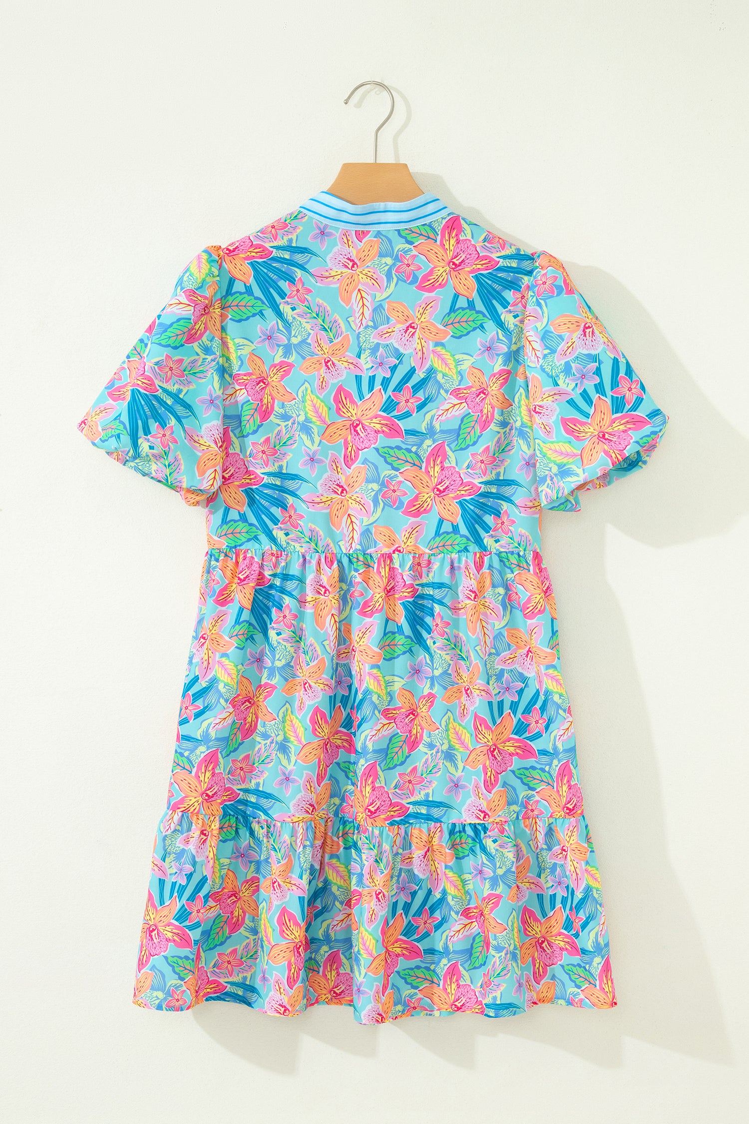 Multicolour Floral Print Contrast Scallop Striped Trim V Neck Dress-TOPS / DRESSES-[Adult]-[Female]-2022 Online Blue Zone Planet