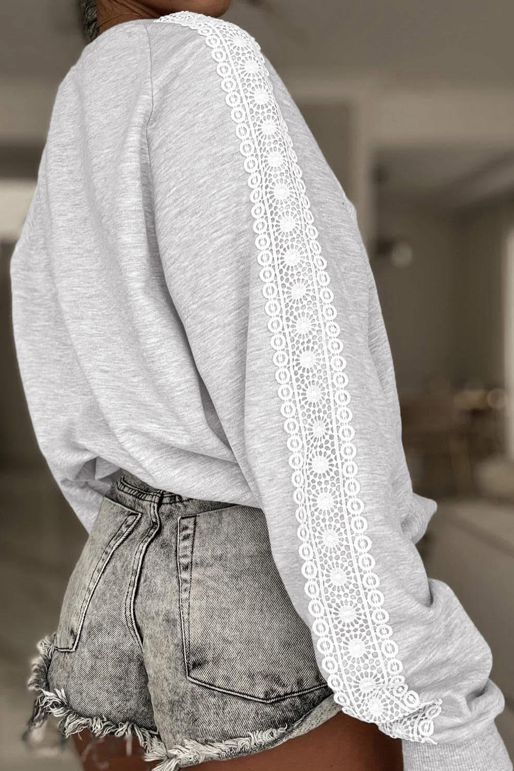 Light Grey Lace Patchwork Raglan Sleeve Crew Neck Sweatshirt-Tops/Sweatshirts & Hoodies-[Adult]-[Female]-2022 Online Blue Zone Planet