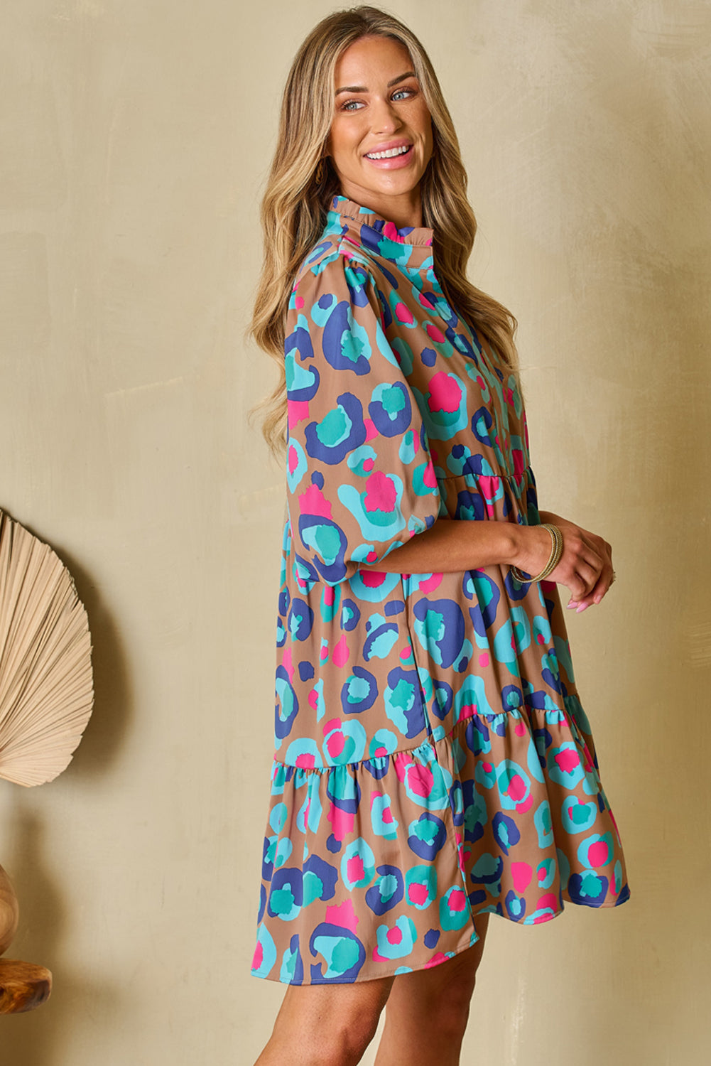 Blue Zone Planet |  Green Leopard Print Bubble Sleeve Slit Neck Ruffled Dress Blue Zone Planet