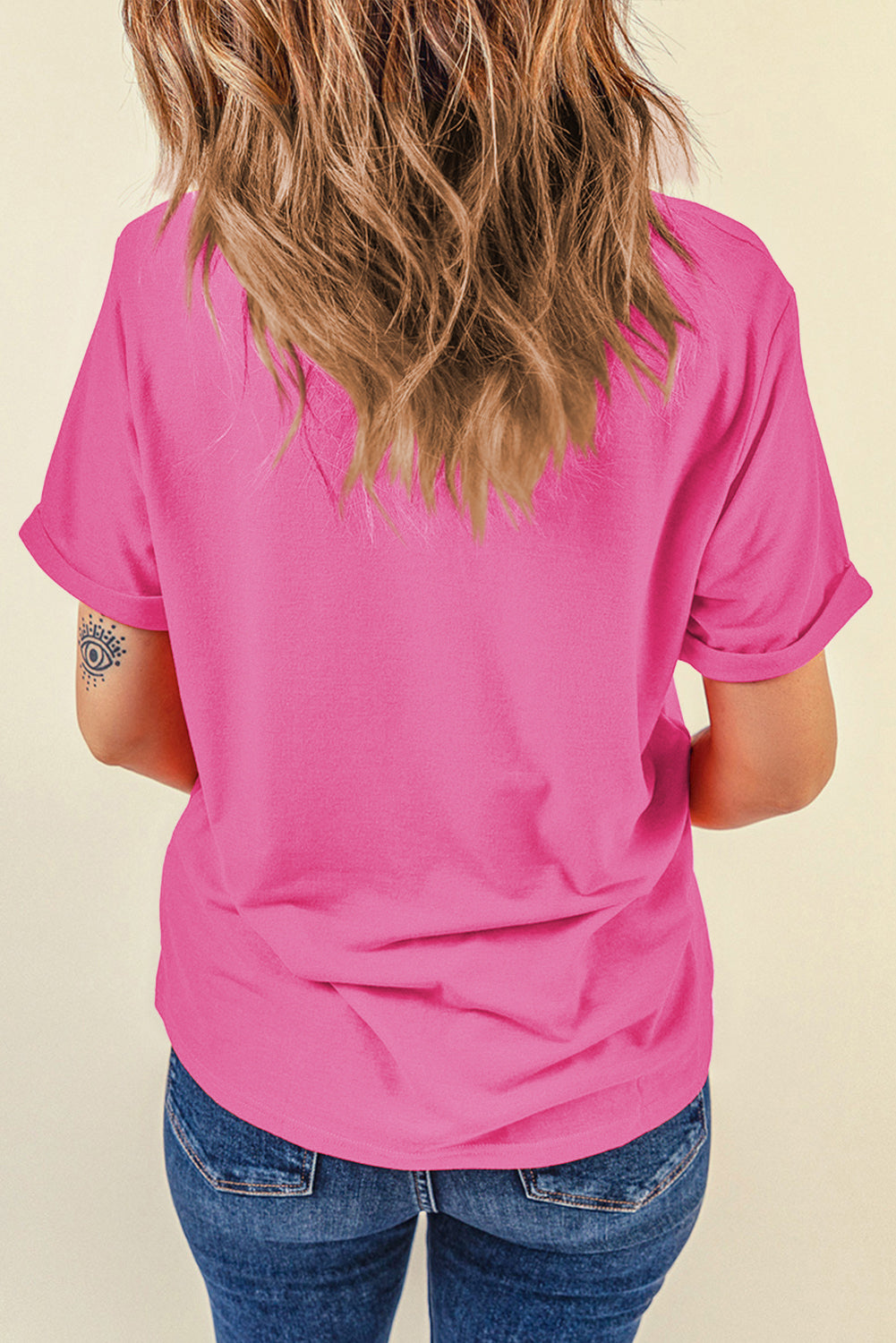Sachet Pink Bright Casual Plain Crew Neck Tee-Tops/Tops & Tees-[Adult]-[Female]-2022 Online Blue Zone Planet