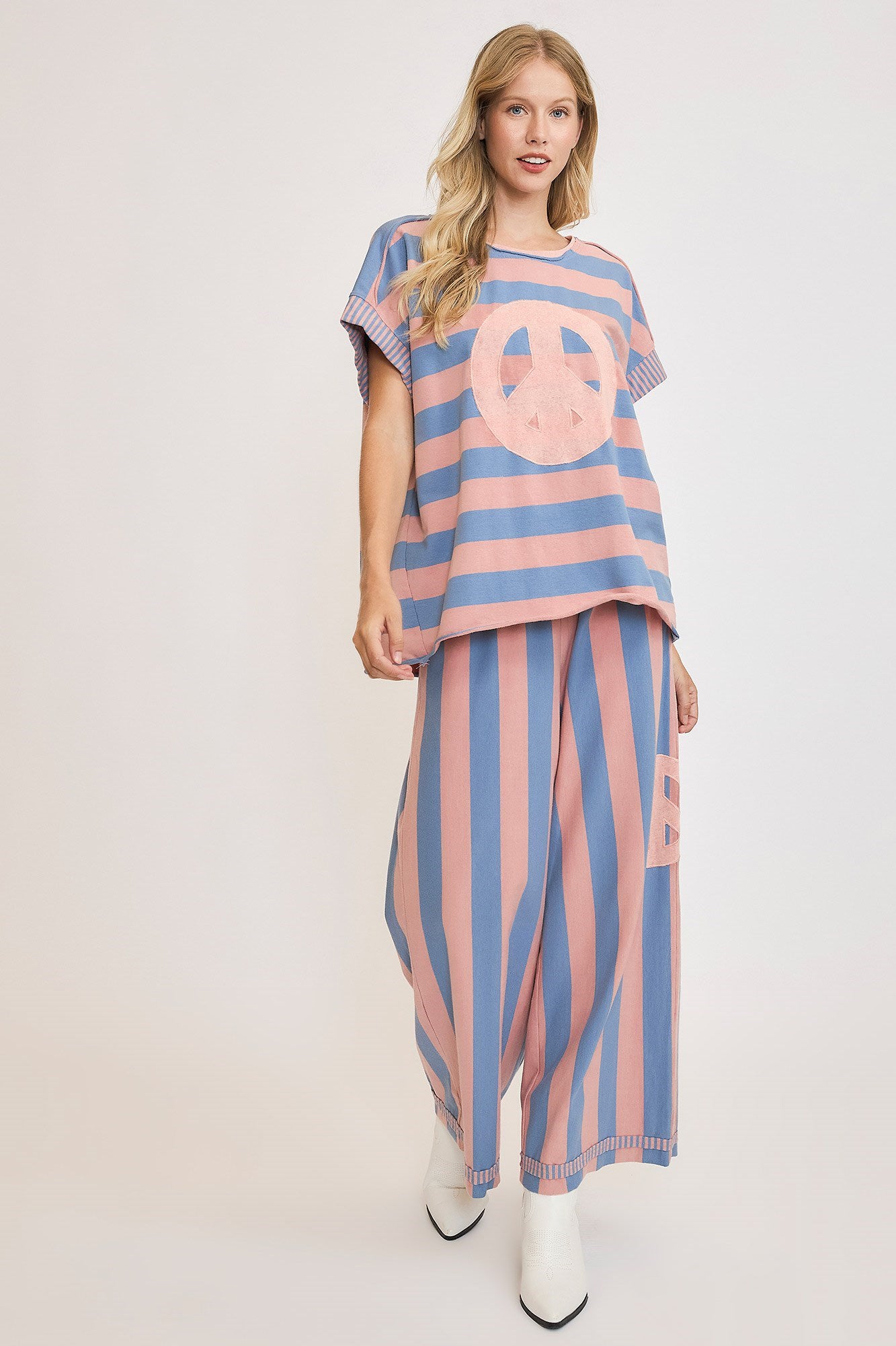 Umgee Peace Sign Patch Striped French Terry T-Shirt-TOPS / DRESSES-[Adult]-[Female]-2022 Online Blue Zone Planet