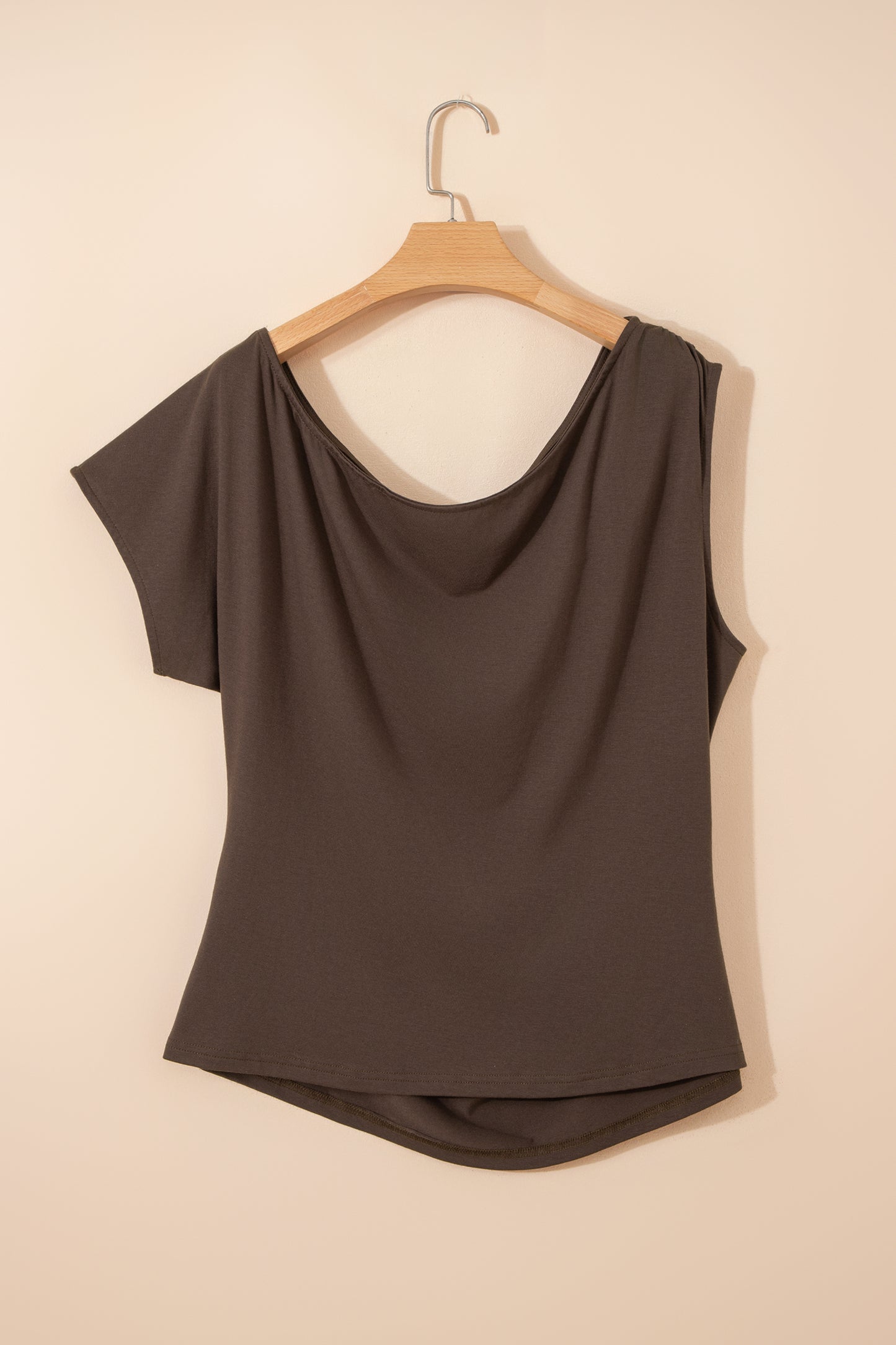 Coffee Plus Size Solid Color Asymmetric Neck Short Sleeve Blouse-Plus Size/Plus Size Tops/Plus Size Tops & Tees-[Adult]-[Female]-2022 Online Blue Zone Planet