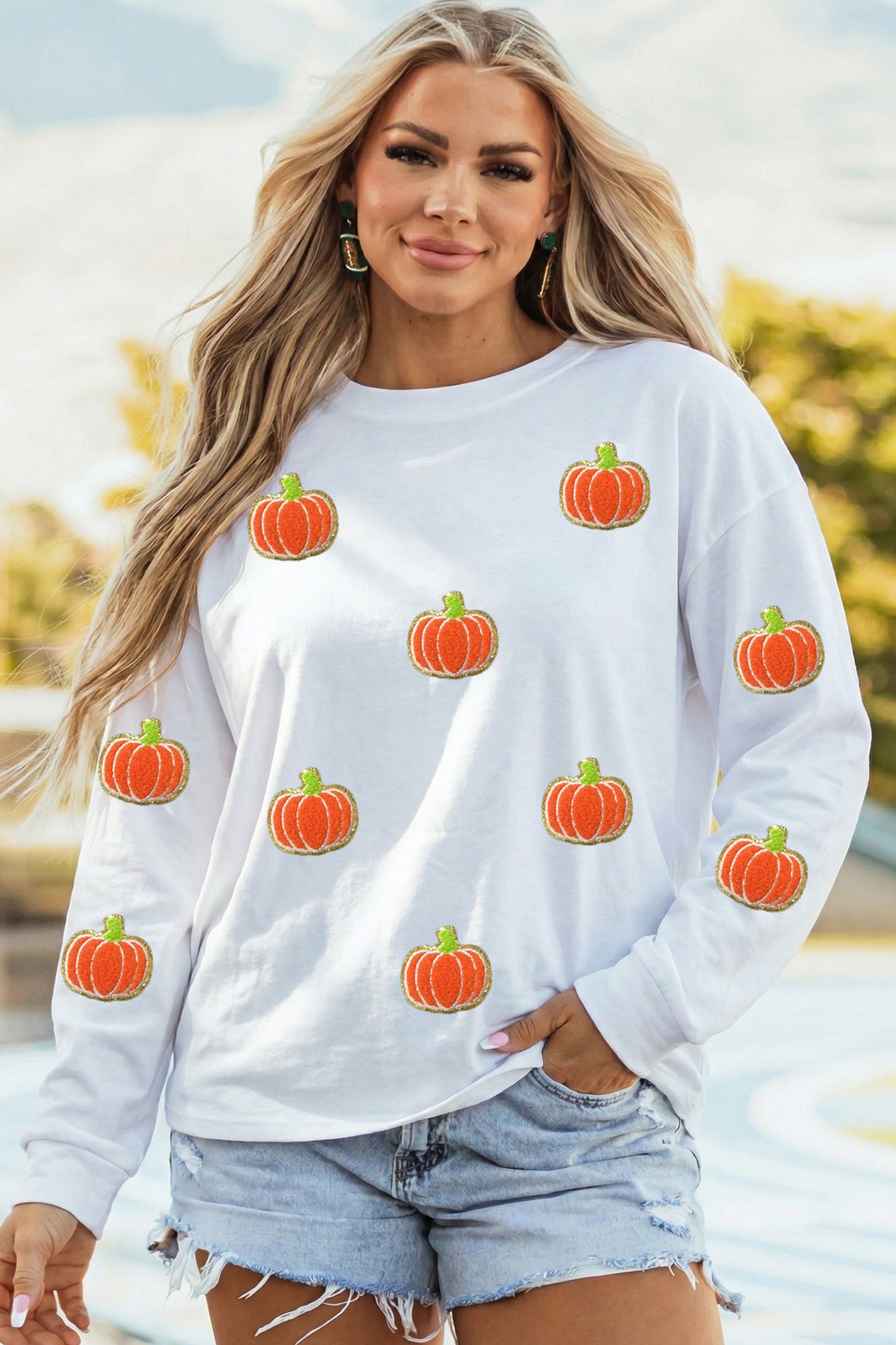 White Glitter Chenille Pumpkin Patch Graphic Long Sleeve Top