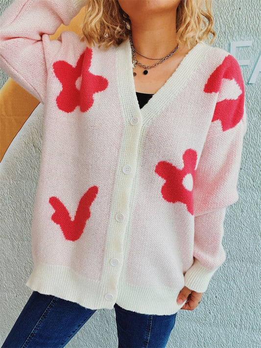 Flower Button Down V-Neck Long Sleeve Cardigan-TOPS / DRESSES-[Adult]-[Female]-Blush Pink-One Size-2022 Online Blue Zone Planet