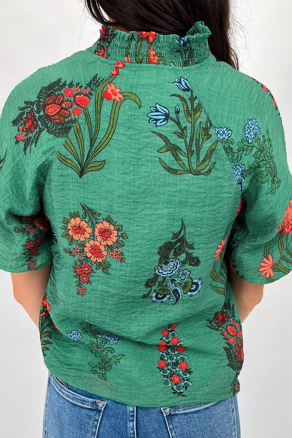 Bright Green Floral Print Buttoned V Neck Short Sleeve Blouse-Tops/Blouses & Shirts-[Adult]-[Female]-2022 Online Blue Zone Planet
