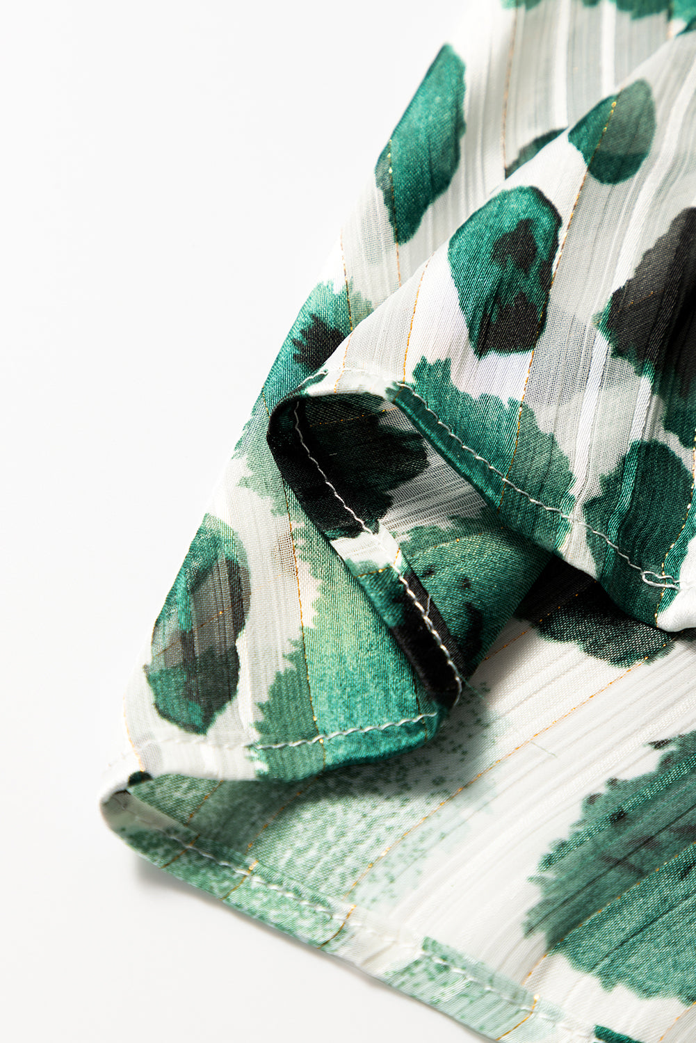 Green Metallic Threading Accents Pleated Abstract Printed Ruffled 3/4 Sleeve Blouse-Tops/Blouses & Shirts-[Adult]-[Female]-2022 Online Blue Zone Planet